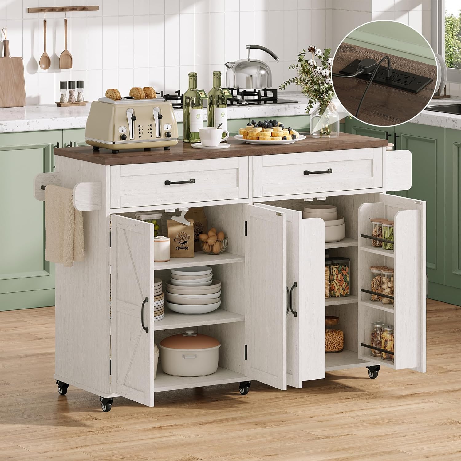 Mobile Kitchen Island, Kitchen Island Cart with 2 Drawers and Charging Station, Island Table for Kitchen, Home Bar Carts with Storage, Kitchen Rolling Island with Spice Rack and Towel Rack,White