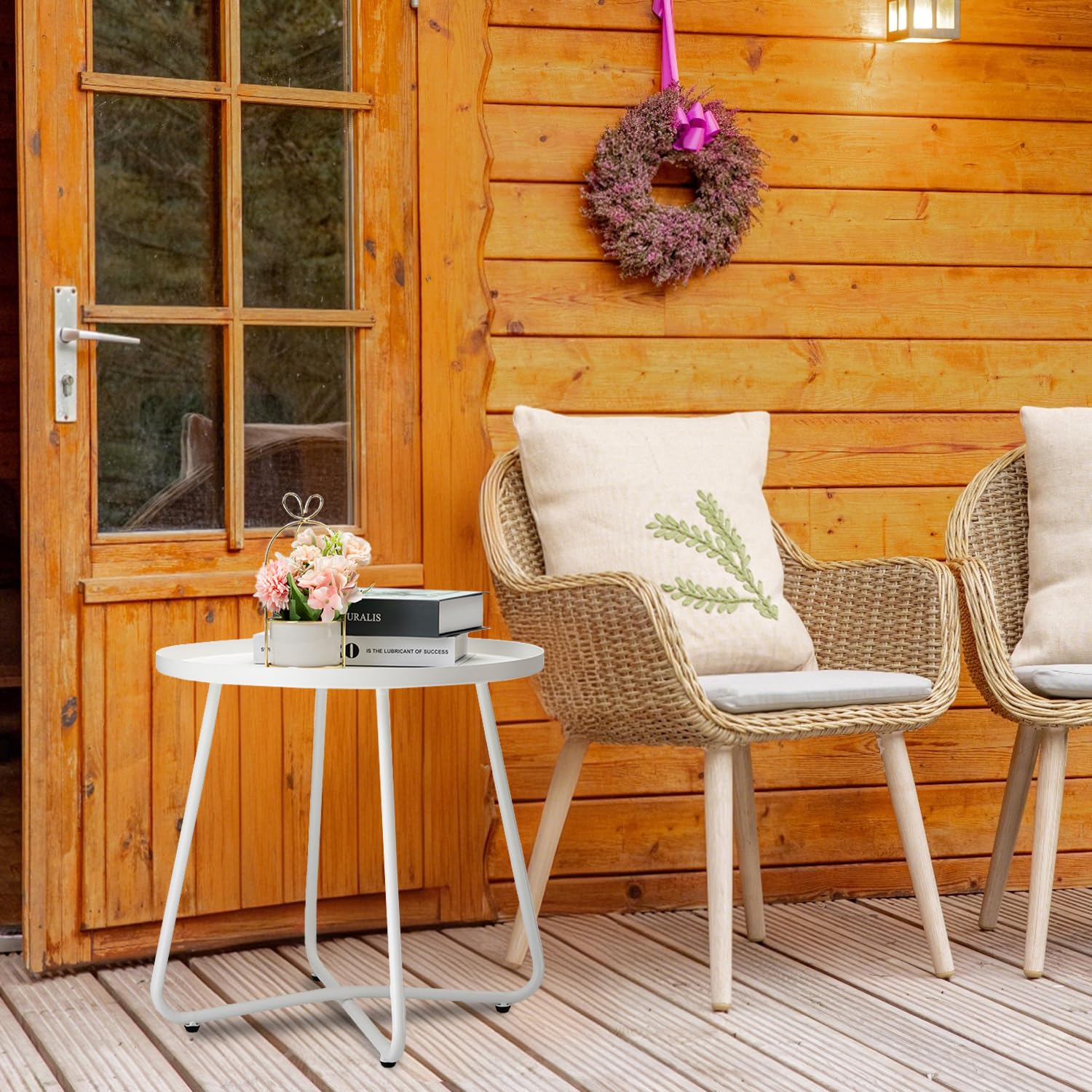 Table D'Appoint Extérieure Ronde En Acier Jaune Danpinera - Meuble Patio Jardin Balcon Résistant Aux Intempéries