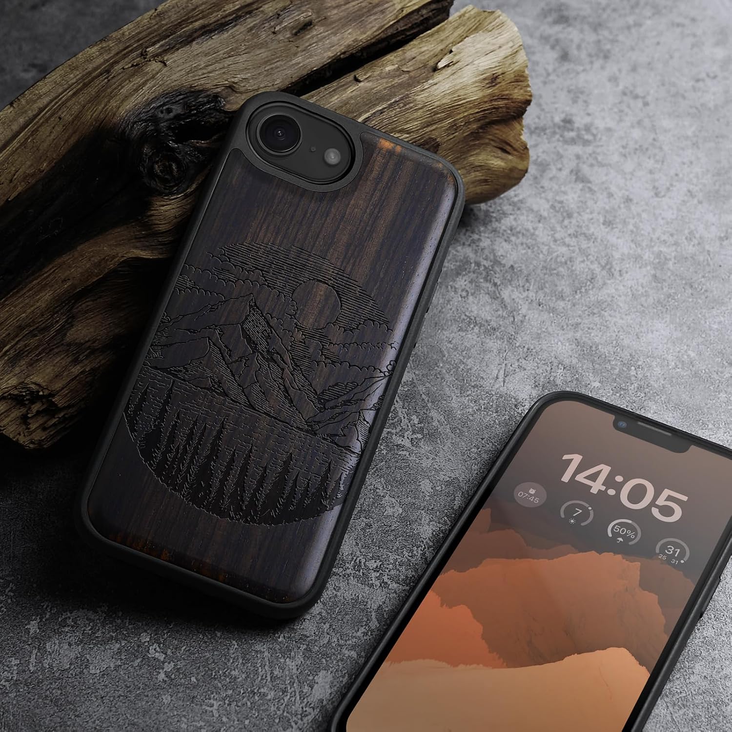Carveit Magnetic Wooden Case for iPhone 16e / 17e, Solid Wood & TPU, Artisan Engraved Design, Shockproof Cover, Compatible with MagSafe Wireless Chargers, Alpine Lakes - Blackwood