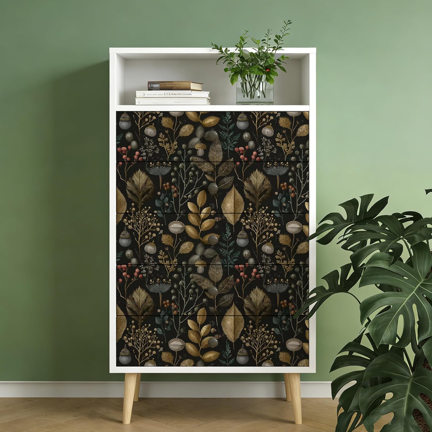 Peel and Stick Wallpaper - Dark Backdrop Gilded Foliage & Berries, Removable Luxe Vintage Mural for Living Room & Bedroom, 17.7x118 Inch