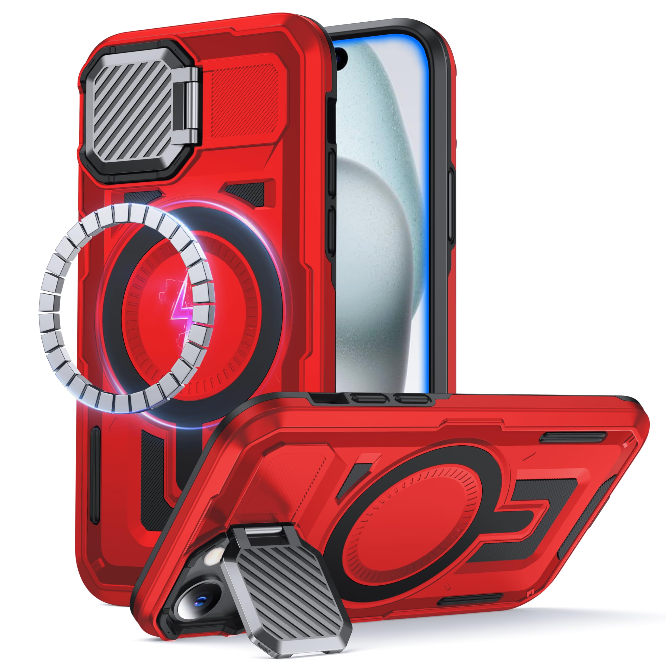 Coque rouge MagSafe iPhone 15 Plus double couche robuste avec béquille d'objectif intégrée - 8