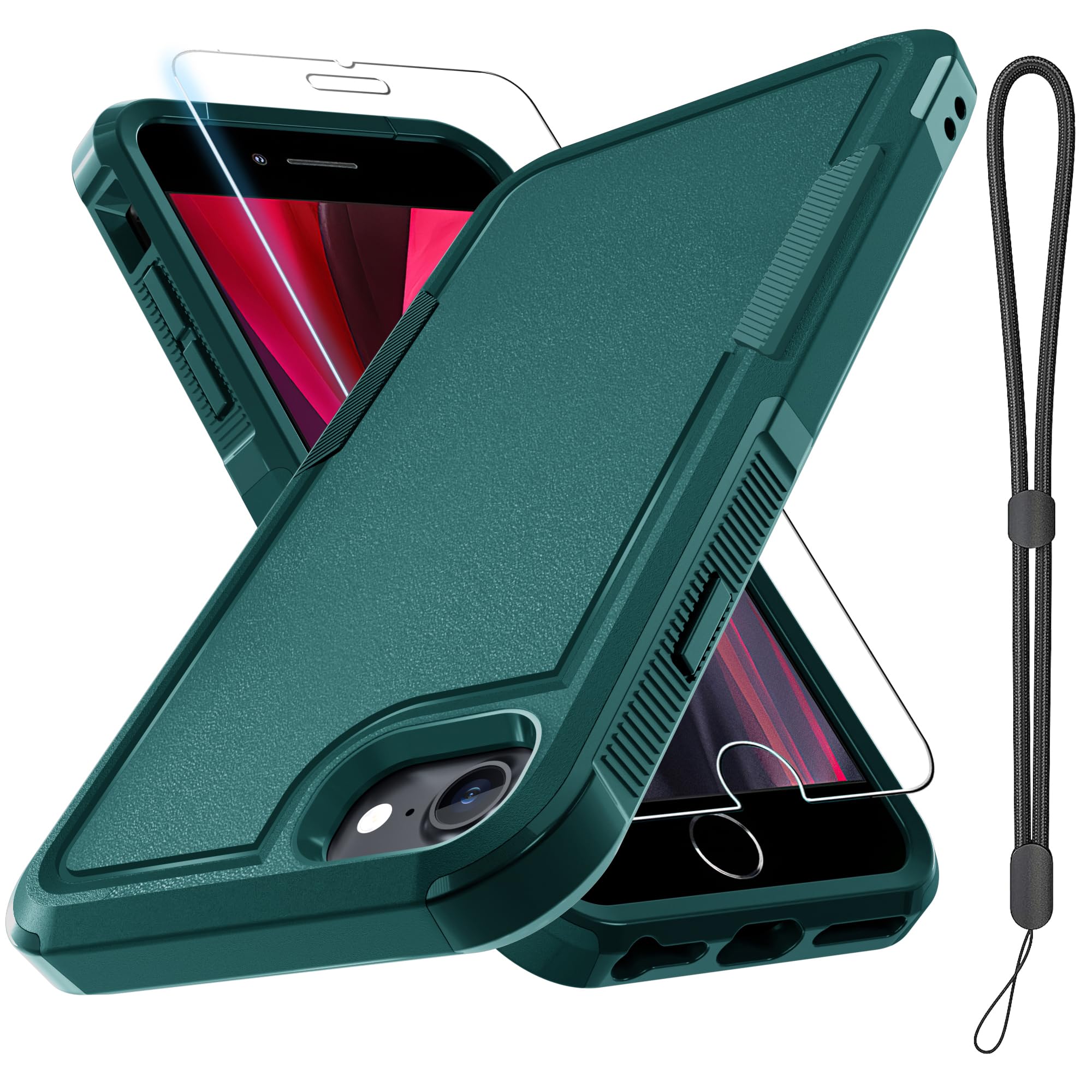 RMOCR Case for iPhone 8/7/SE 2022 2020, with Screen Protector,Military Grade Heavy Duty Shockproof Phone Cover with Wrist Lanyard Strap for iPhone 8/7