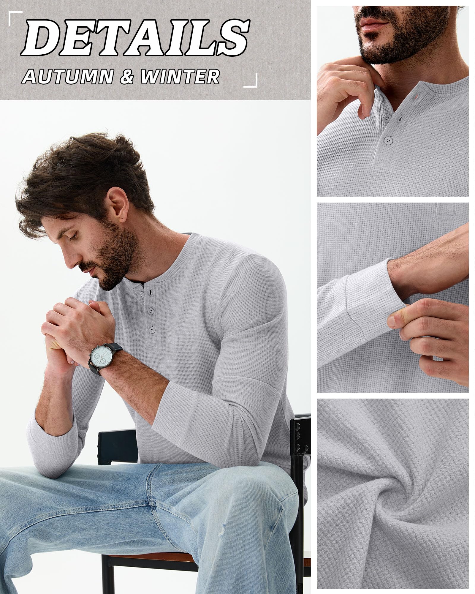 Pack de 3 Camisetas Henley de Punto Gofrado para Hombre de Manga Larga con Botones Informales Básicas de Punto Ligero