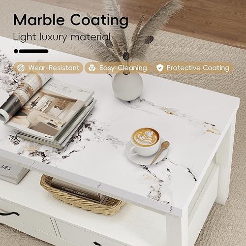 Miniatura 7 de Mesa auxiliar rectangular de madera de 40 pulgadas de mármol sintético de 2 niveles con cajones para sala de estar, sala de conferencias, parte