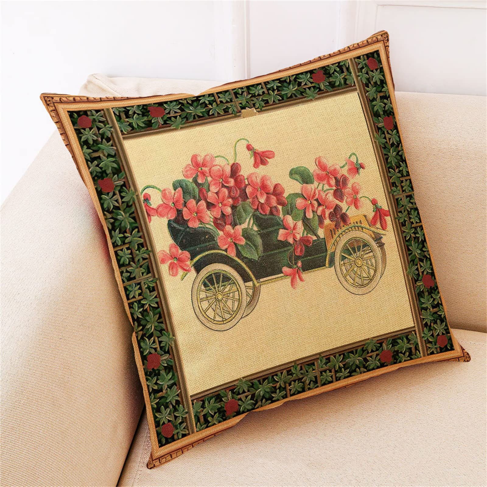 4 sztuki dekoracyjnych poszewek na poduszki, 55 x 55 cm, nowoczesna dwustronna poszewka na poduszkę do ogrodu na zewnątrz patio ławka salon sofa dekoracja domu poszewka retro samochód kwiat 56 x 55 cm