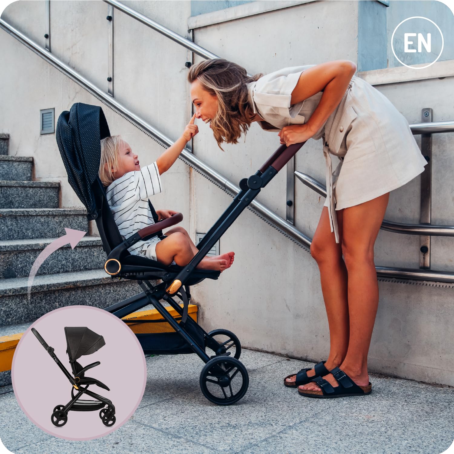 MoMi ADELLE Passeggino Leggero Reversibile Pieghevole da Viaggio Fino a 22 kg Fronte Mamma Schienale Regolabile