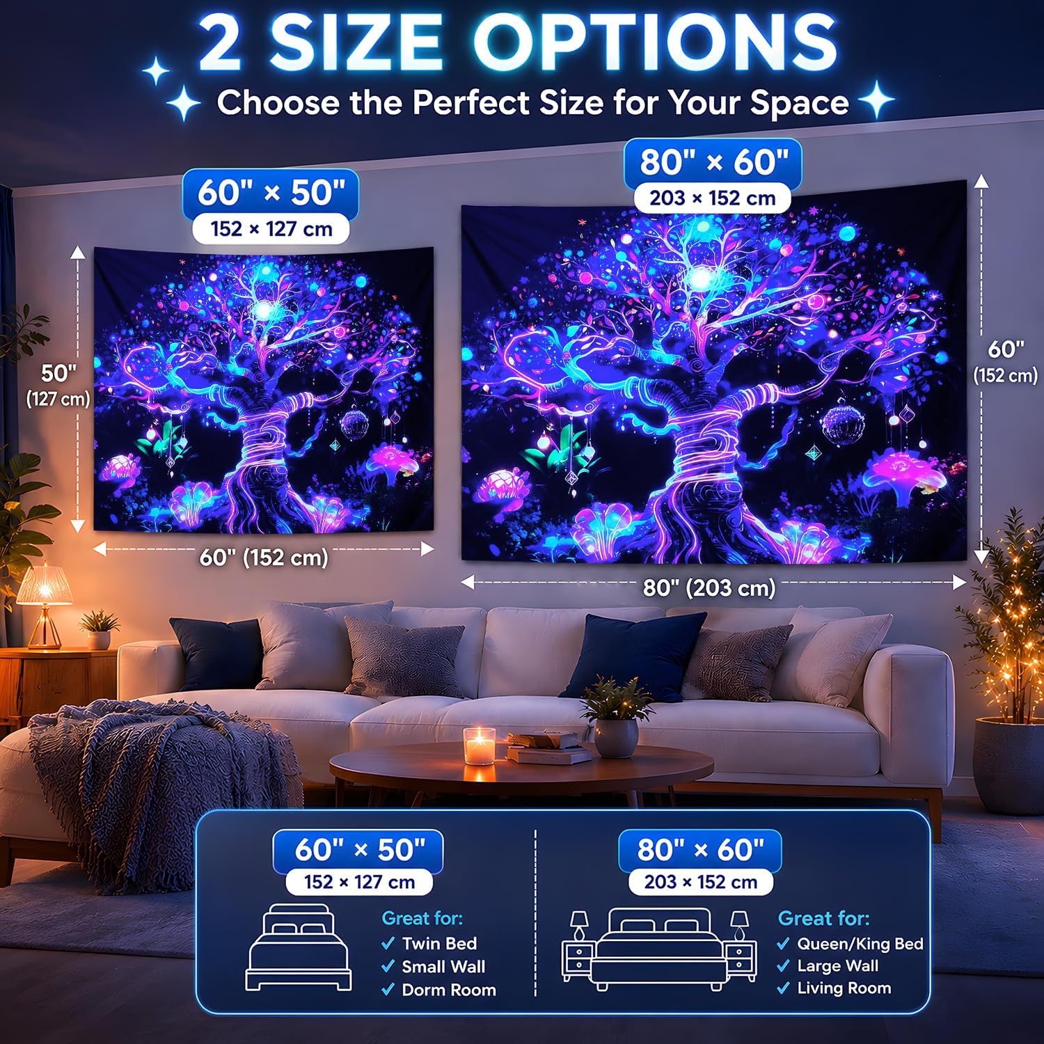 Kosseco Nature Blacklight Tapestry, Tree of life Black Light Wall Tapestry for Bedroom Posters Tapestries, UV Reactive Glow in The Dark Tapestry Wall Hanging for Living Room Dorm Decor image 3