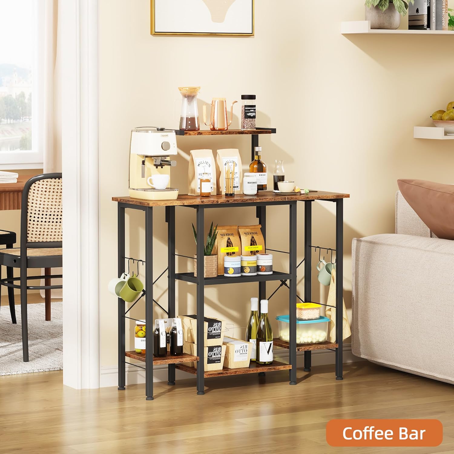 Bakers Rack with Power Outlet, Coffee Bar with 4 Hooks, 6 Tiers Microwave Stand with Storage, Freestanding Kitchen Appliance Organizer for Spices, Pots, Rustic Brown, 32" W