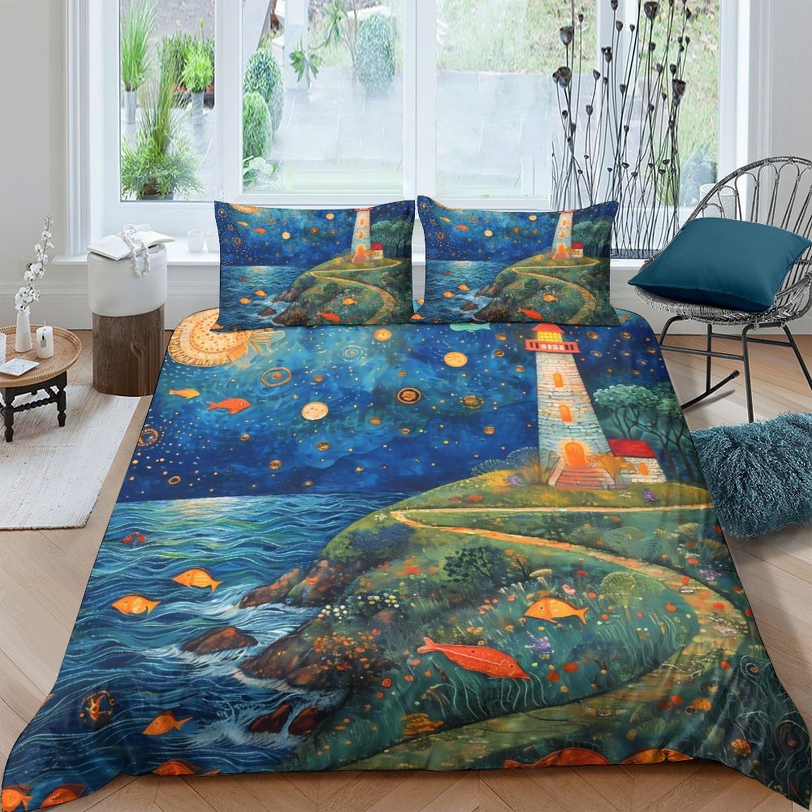 Ctjqhvkz Style-3 3D Printed Night Lighthouse Fitted Sheet Microfiber Soft Breathable Ocean Coast Mattress Cover For Bedroom Guest Room Decor Single（135X200cm）