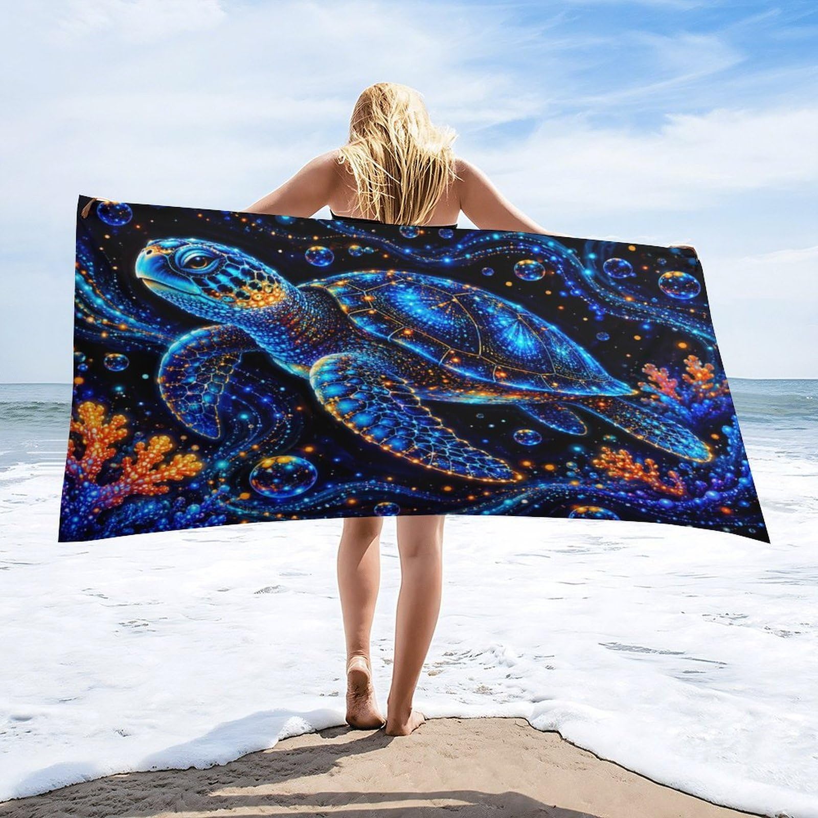 Anceky Glowing Sea Turtle Ocean Beach Towel 32"×63",Soft Microfiber Bath Towel Shawl, Quick Dry Absorbent Pool Spa Gym Shower Towel