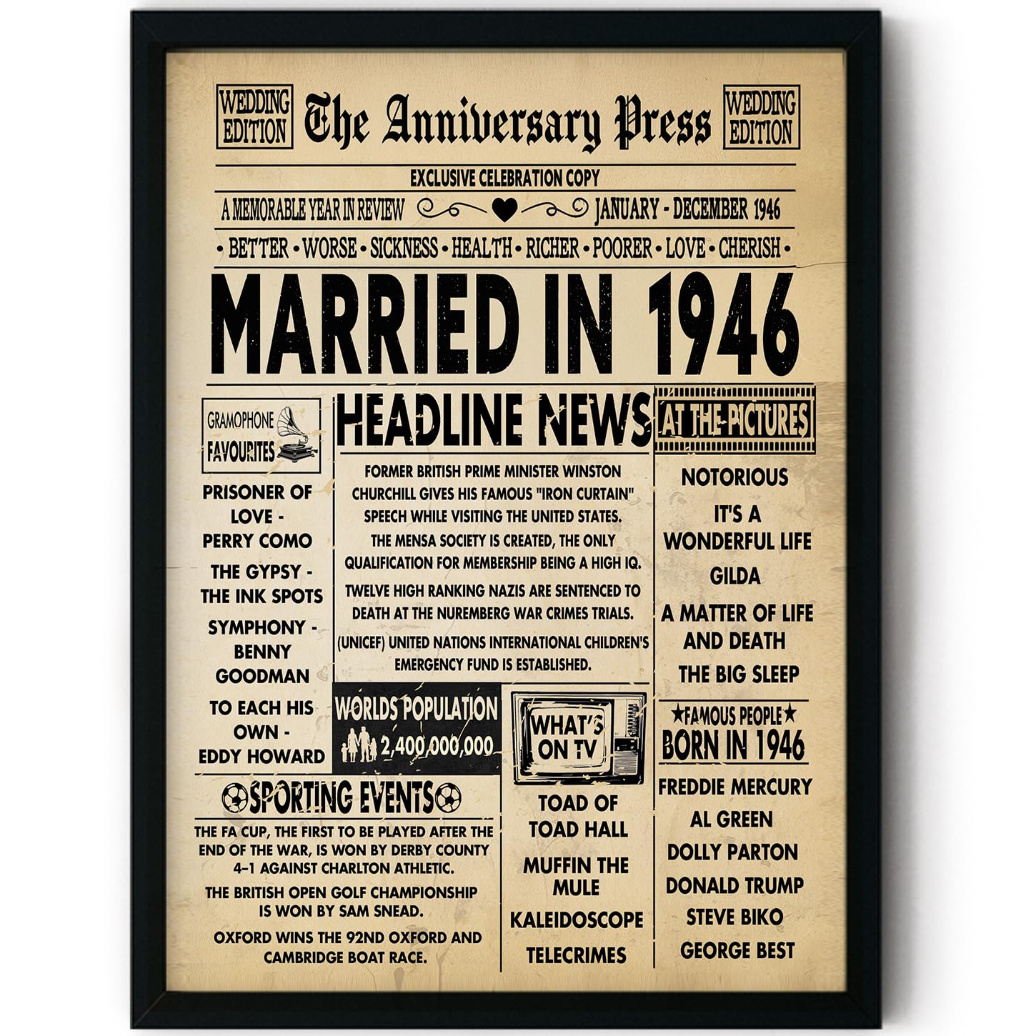 Stuff4 80th Anniversary Poster Framed - Married In 1946 Newspaper - 80 Wedding Anniversary for Men Women Retro Vintage Gifts Back In 1946, 8x10 Inch Anniversaries Posters โ image 1