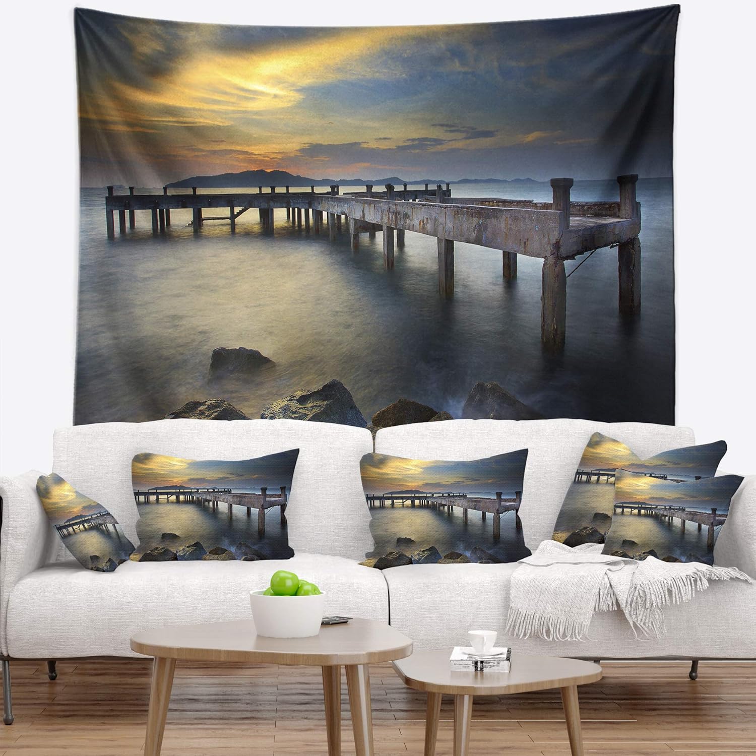 Designart ' Old Wood Boat Jetty into Blue Sea Bridge Tapestry Blanket Décor Wall Art for Home and Office X-Large: 92 in. x 78 in