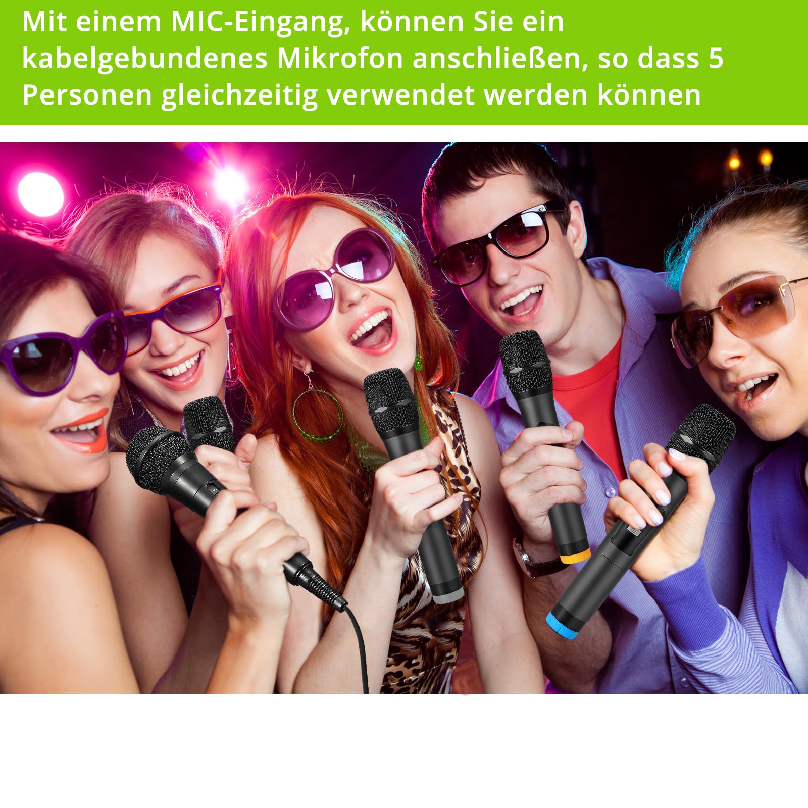 LiNKFOR 4 x UHF Mikrofon drahtloses UHF 4 Kanal Mikrofonsystem mit 4 drahtlosen Handmikrofonen, 50 * 4 Kanälen wählbare Frequenz, Echo, Bluetooth, AUX, ideal für DJ, Gesang, Kirche, Hochzeiten