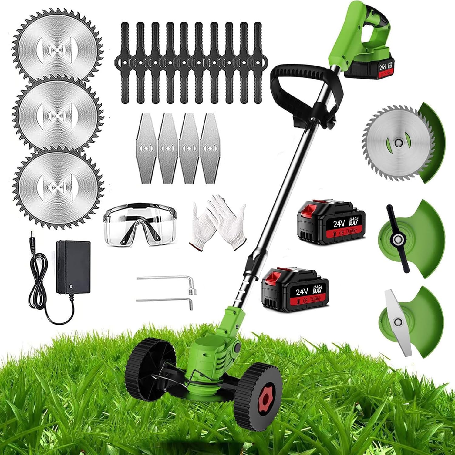 Metal Blade Cordless Strimmer Electric Garden Strimmers with Blades Grass Trimmers with 24V Li-ion Batteries and Fast Charger,3 Types Blades 90° Head Pivots Lightweight Brush Cutter