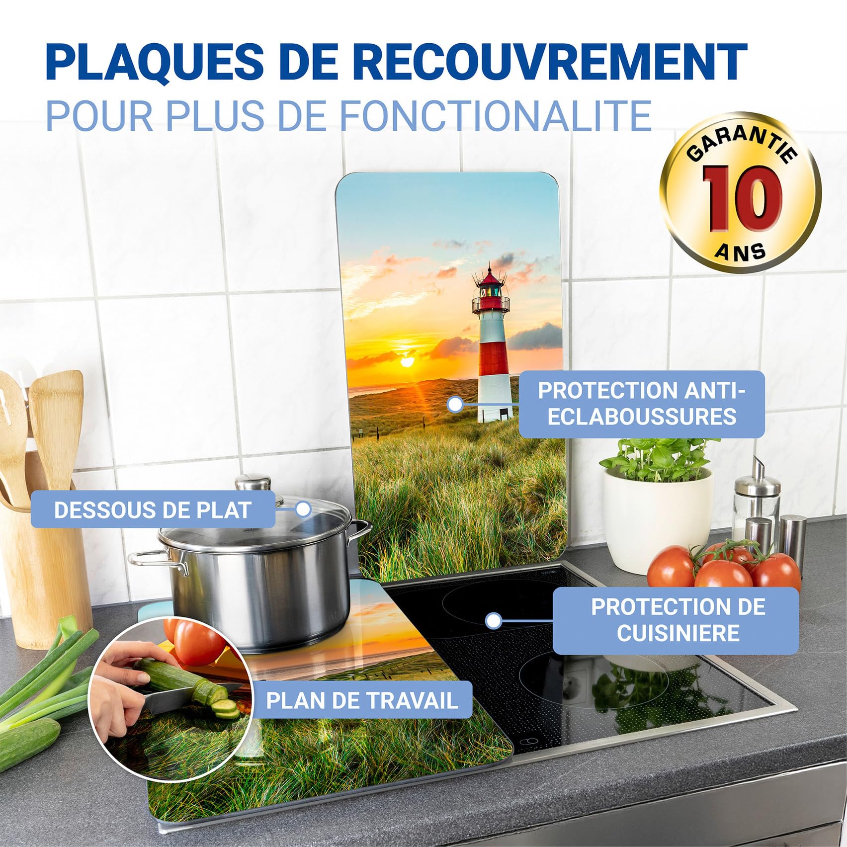 WENKO Plaque de Recouvrement Universelle Mod. Phare, réglable en hauteur pour tout type de cuisinière, planche à découper et protection anti-éclaboussures, verre, 30 x 52 cm, 2 pièces