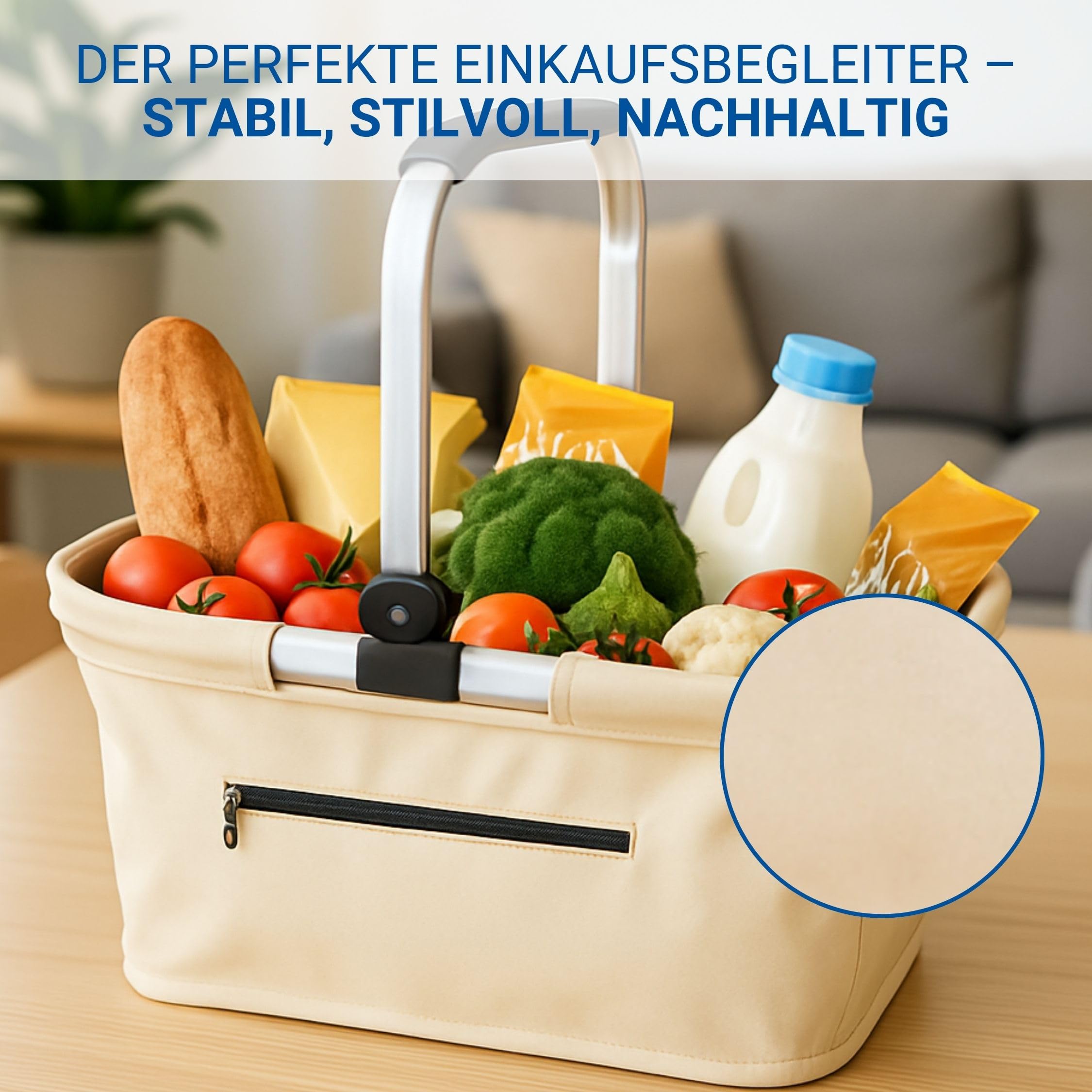 Cesta de la compra 'Carry' – Cesta estable y plegable con asa de marco de aluminio – aprox. 30 l de cesta para compras y excursiones – Bolsa de la compra de poliéster con mango suave, color: beige