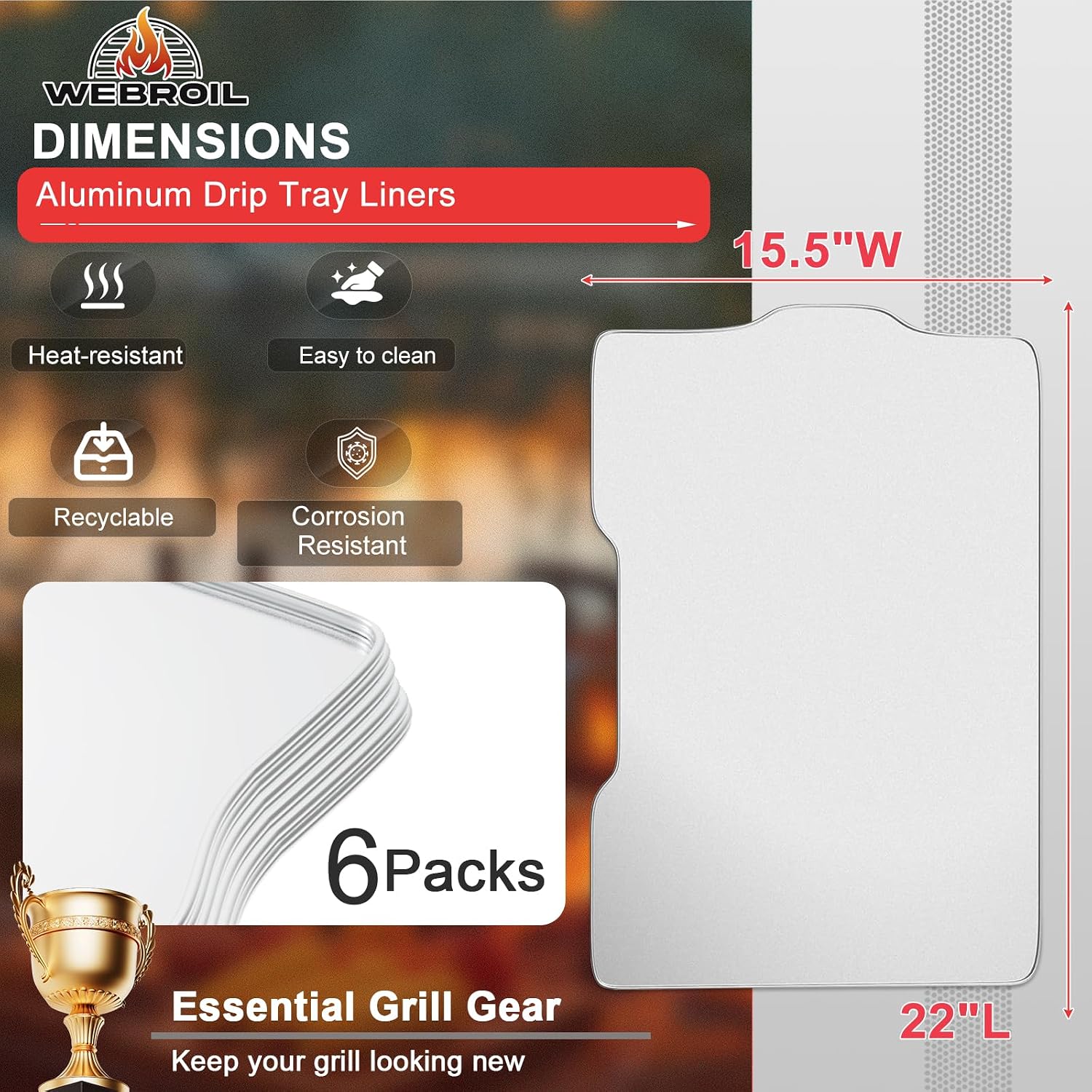 6 Packs BAC506 Drip Tray Liners for Traeger Ironwood 650 Series Grills, Heat-Resistant Foil Liners for Traeger Pellet Smoker Grill Accessories, Aluminum Tray for Catching Grease 22" x 15.5"