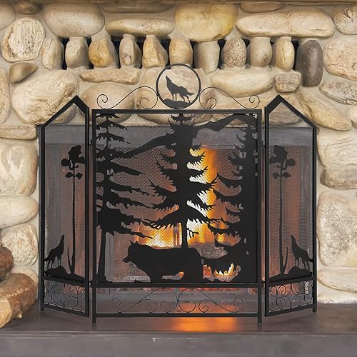 IRONWALLS Pantalla negra para chimenea, 41.7 pulgadas de largo x 31.5 pulgadas de alto, cubierta plana plegable de hierro con protección contra