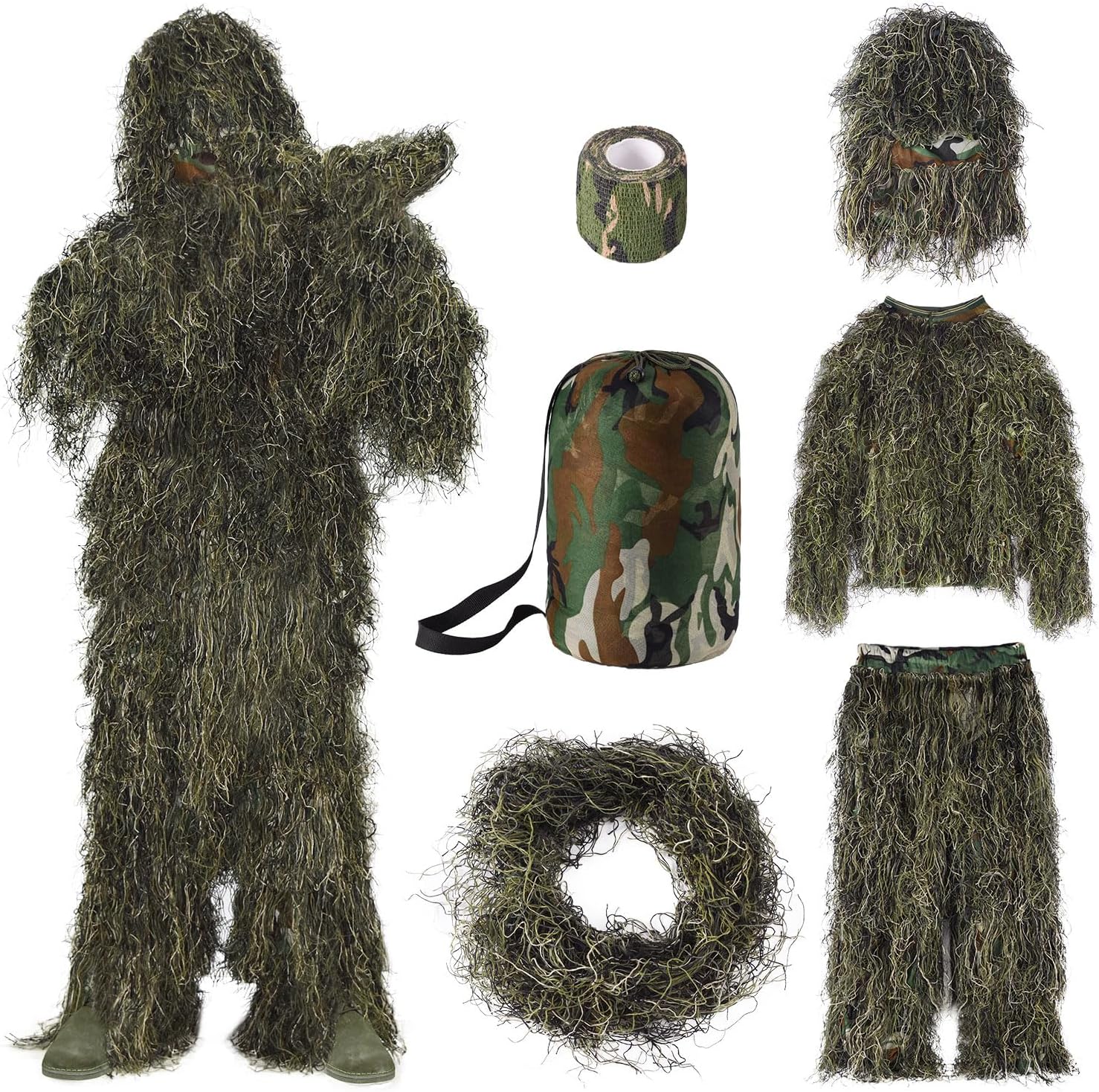 Seeutek 5 in 1 Ghillie Suit - 3D Camouflage Hunting Suits - Jacket, Pants, Hood, Carry Bag for Adults & Youth, M/L/XL/XXL S 4' - 5'1"
