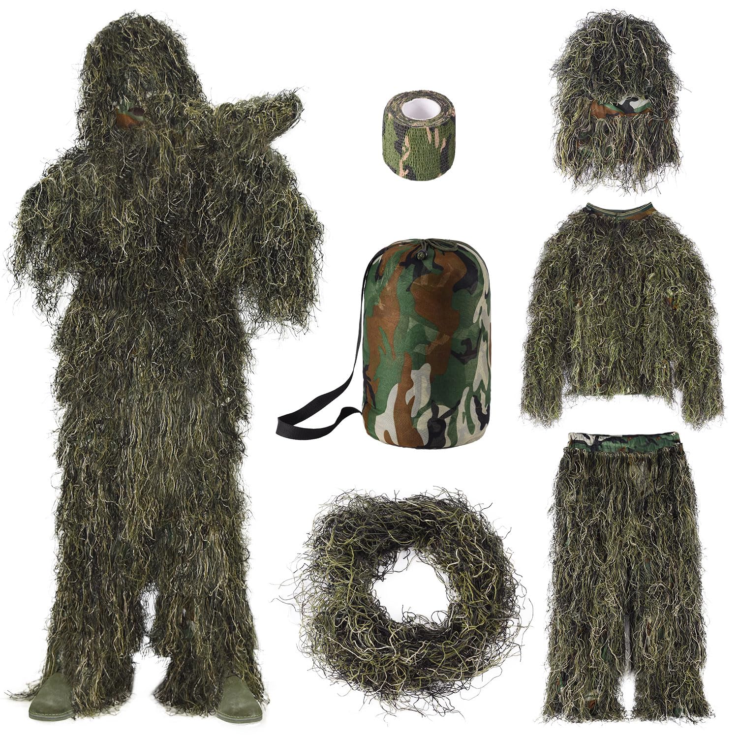 Seeutek 5 in 1 Ghillie Suit - 3D Camouflage Hunting Suits - Jacket, Pants, Hood, Carry Bag for Adults & Youth, M/L/XL/XXL