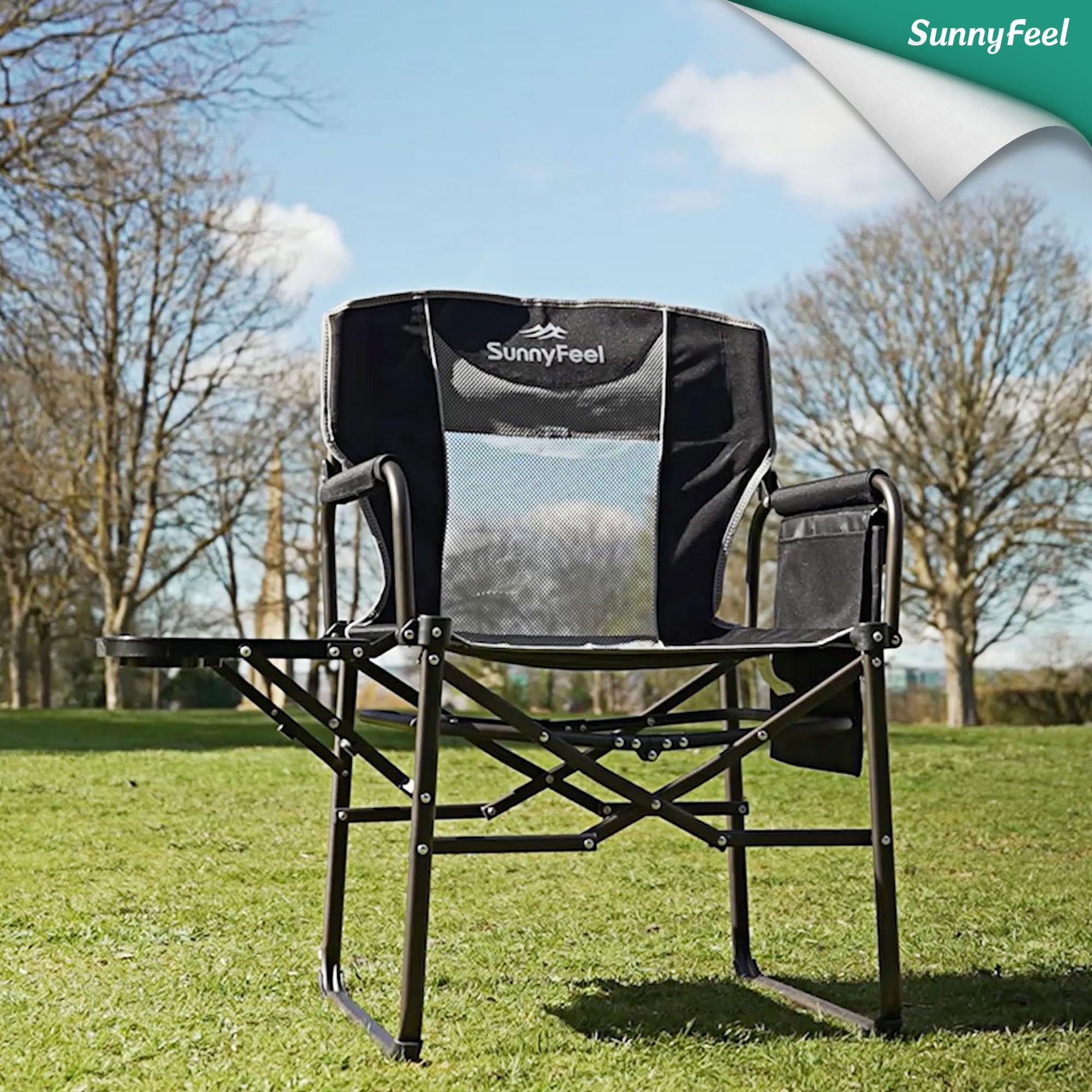 SUNNYFEEL Regiestuhl Klappbar,136KG Campingstuhl Faltbar,mit Seitentisch Kompakt Klappbarer Campingstuhl mit Getränkehalter und Seitentasche,Strapazierfähig für Camping,Angeln,Picknick,Garten,Schwarz