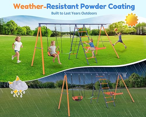 Miniatura 3 de Juego de columpios para patio trasero, juego de columpios 6 en 1 para exteriores para niños de 3 a 12 años, 700 libras de metal resistente, juego de