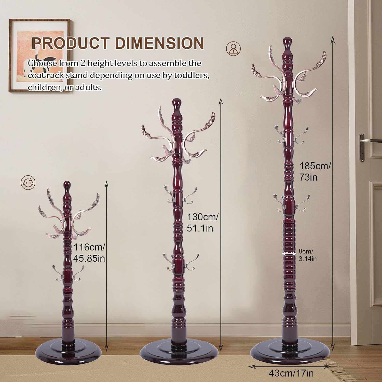 Wooden Coat Rack Freestanding with 20 Metal Hooks, Adjustable Height Coat Tree Free Standing Heavy Duty for Entryway, Easy Assembly Solid Wood Sturdy Coat Hats Hanger Stand for Office Hallway Bedroom