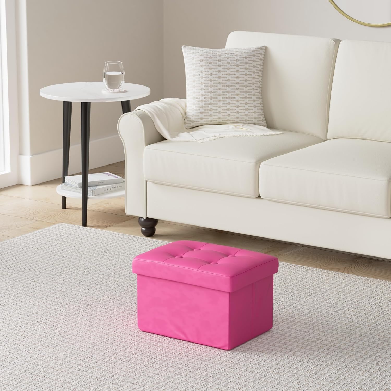 LINMAGCO Storage Ottoman Folding Foot Stool Velvet Foot Rest with Padded Modern Ottoman with Storage for Living Room Puppy Step Stool 17x13x13in(ROSEO)