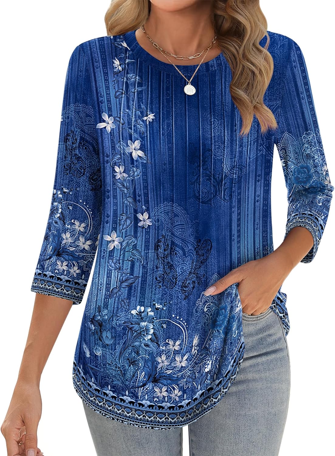 Zeagoo 3/4 Length Sleeve Womens Tops Crew Neck Loose Fit Shirts Pleated Cute Clothes Dressy Casual 2026 Summer Tunics