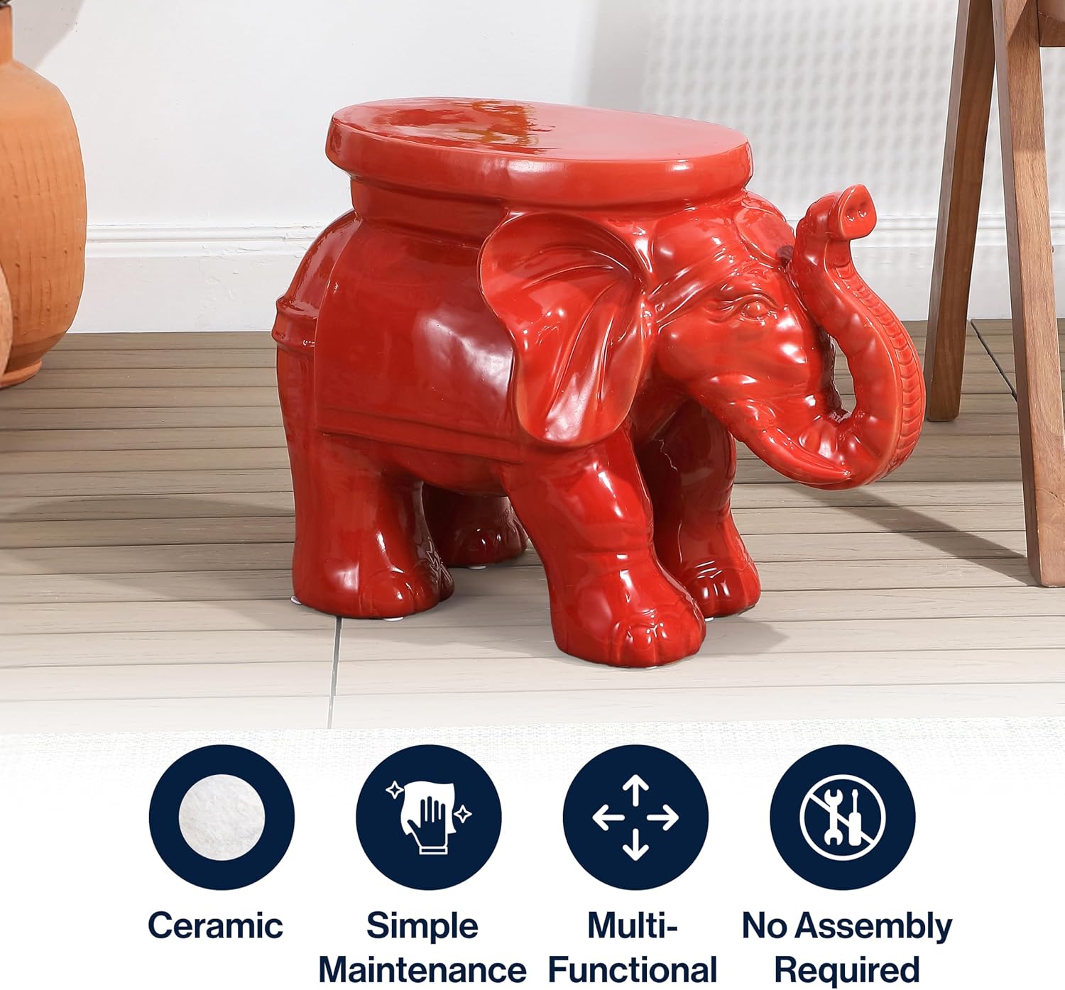 JONATHAN Y White Elephant 14.25" Red Glazed Ceramic Elephant Garden Stool, Weather-Resistant Indoor/Outdoor Patio Side Table and Plant Stand, Bohemian TBL1007B