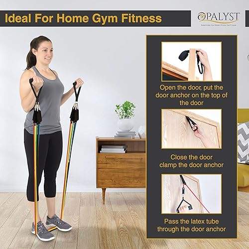 Miniatura 9 de Juego de 11 bandas de resistencia para gimnasio en casa, bandas de tubo de ejercicio resistentes con asas, anclaje de puerta y correas de tobillo,