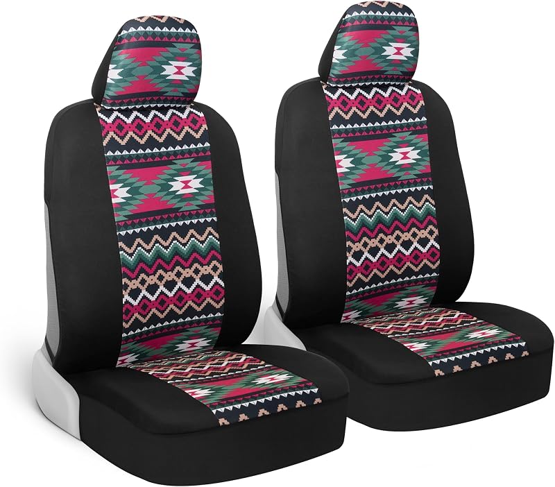BDK Fundas de asiento de auto Inca rosa para asientos delanteros, paquete de 2, juego de fundas de asiento delantero con estampado geométrico con reposacabezas a juego, diseño sin lados para una fácil instalación, ajuste universal para auto, camioneta, furgoneta y SUV