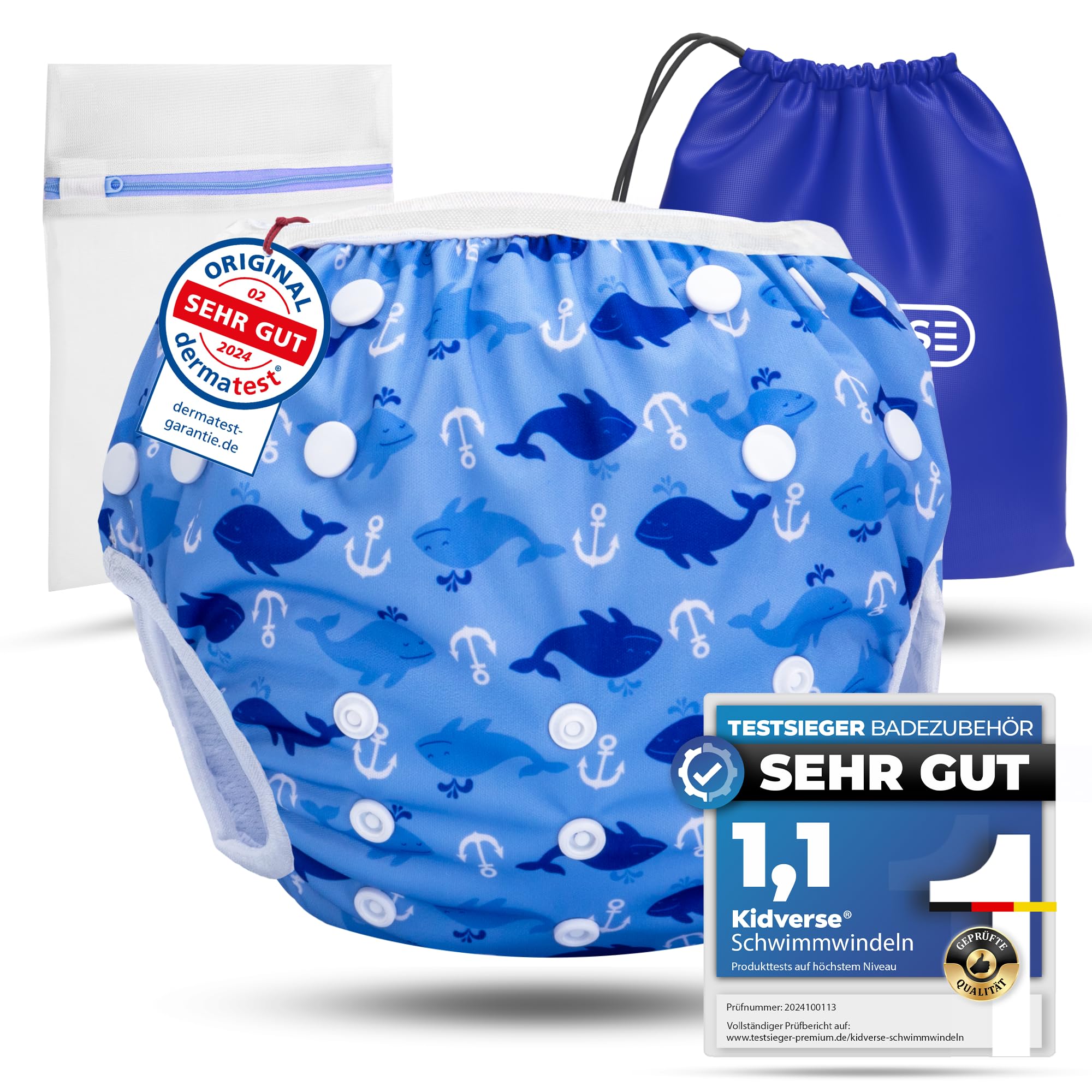 KIDVERSE Schwimmwindel Baby Badehose 0-3 Jahre - Hautfreundliche Schwimmwindeln wiederverwendbar & saugstark - Größenverstellbare Badewindel Baby Schwimmhose inklusive Tragetasche & Wäschenetz