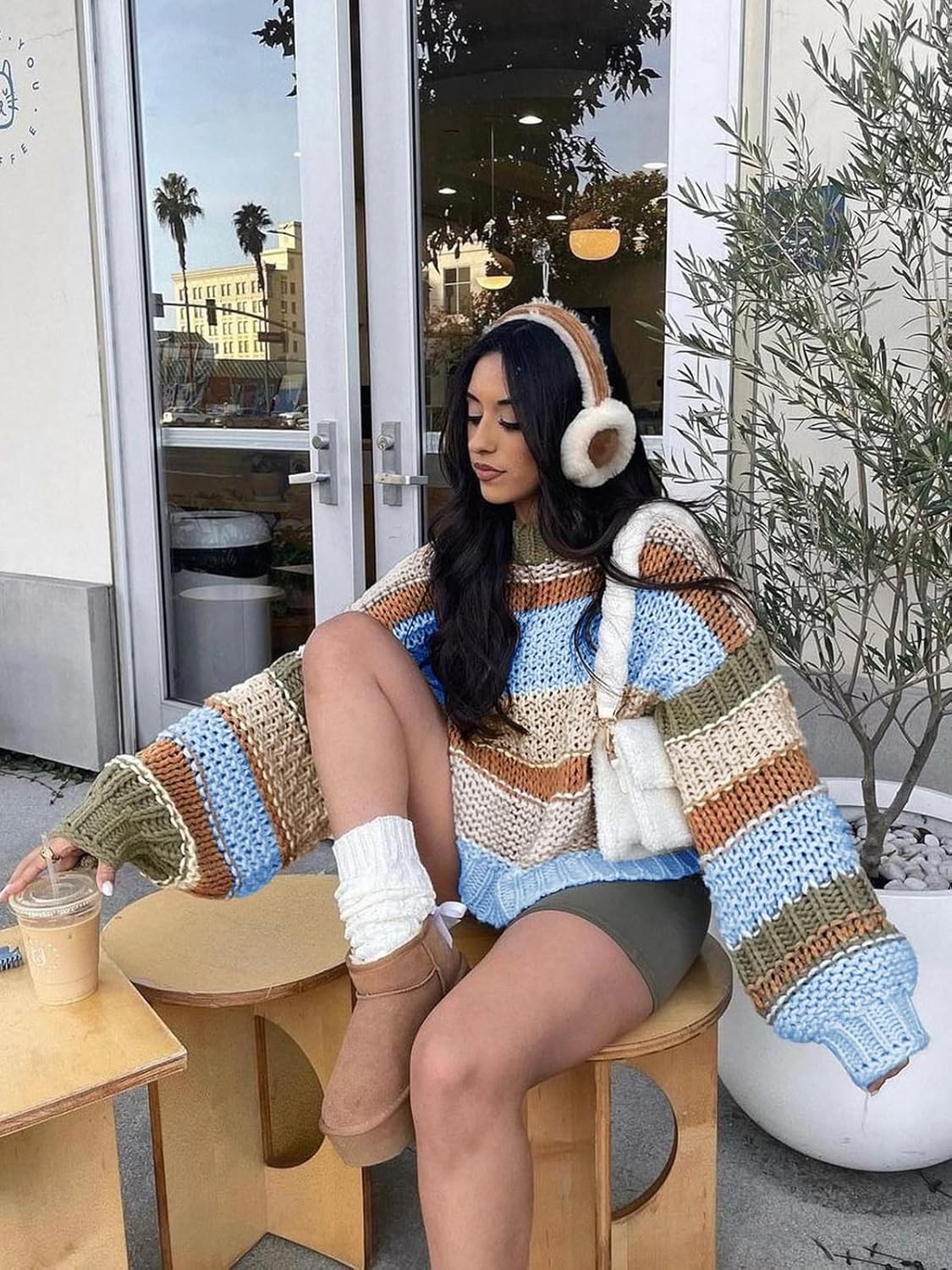 Saodimallsu Womens Color Block Sweater Striped Chunky Knit Cropped Sweaters Crewneck Fall Long Sleeve Loose Pullover Tops - Image 2