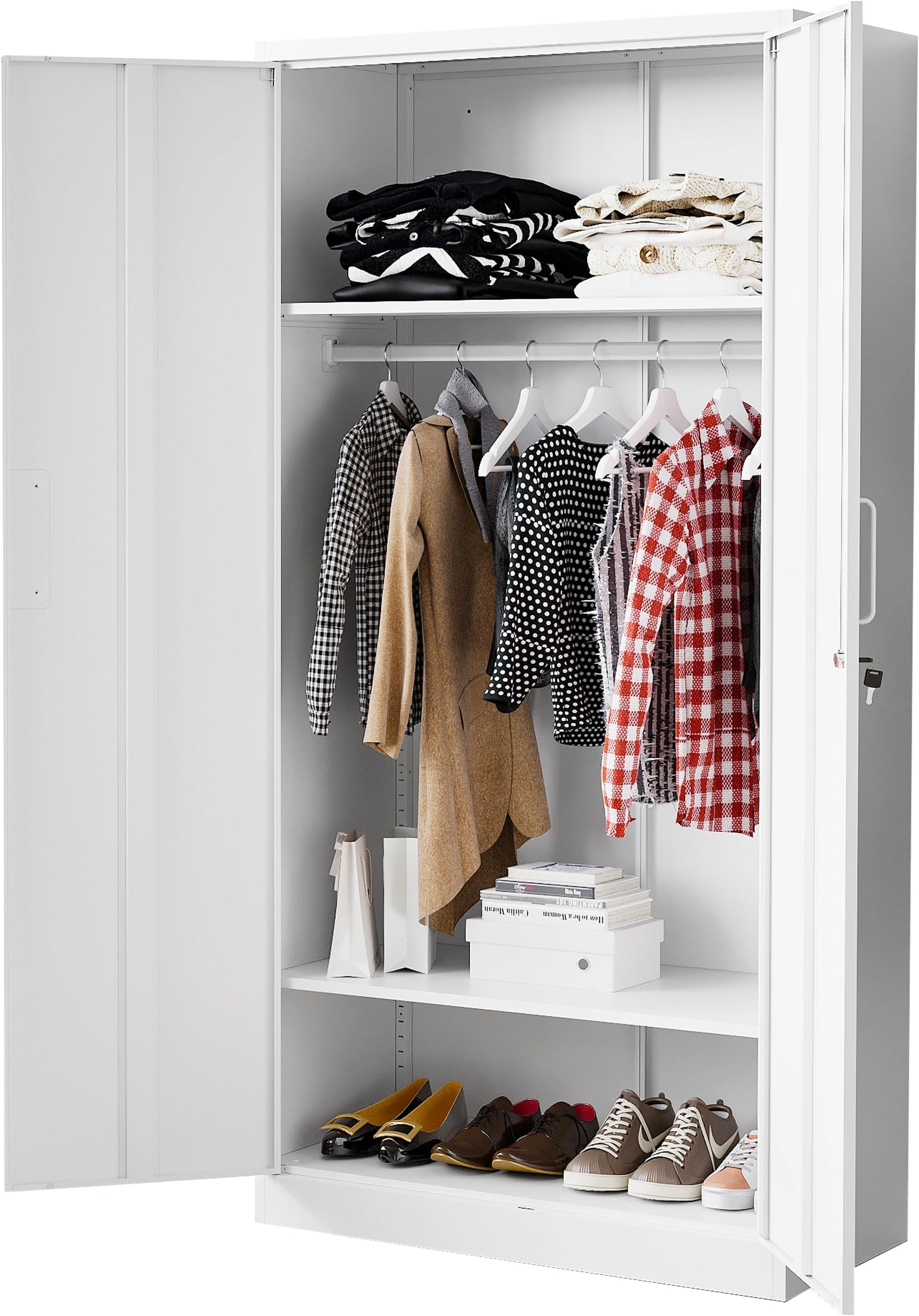 BYNSOE Metal Storage Cabinet 72'' Metal Locker with Locking Storage Locker with Hanging Rod for Office Hospital Require Assembly (White)