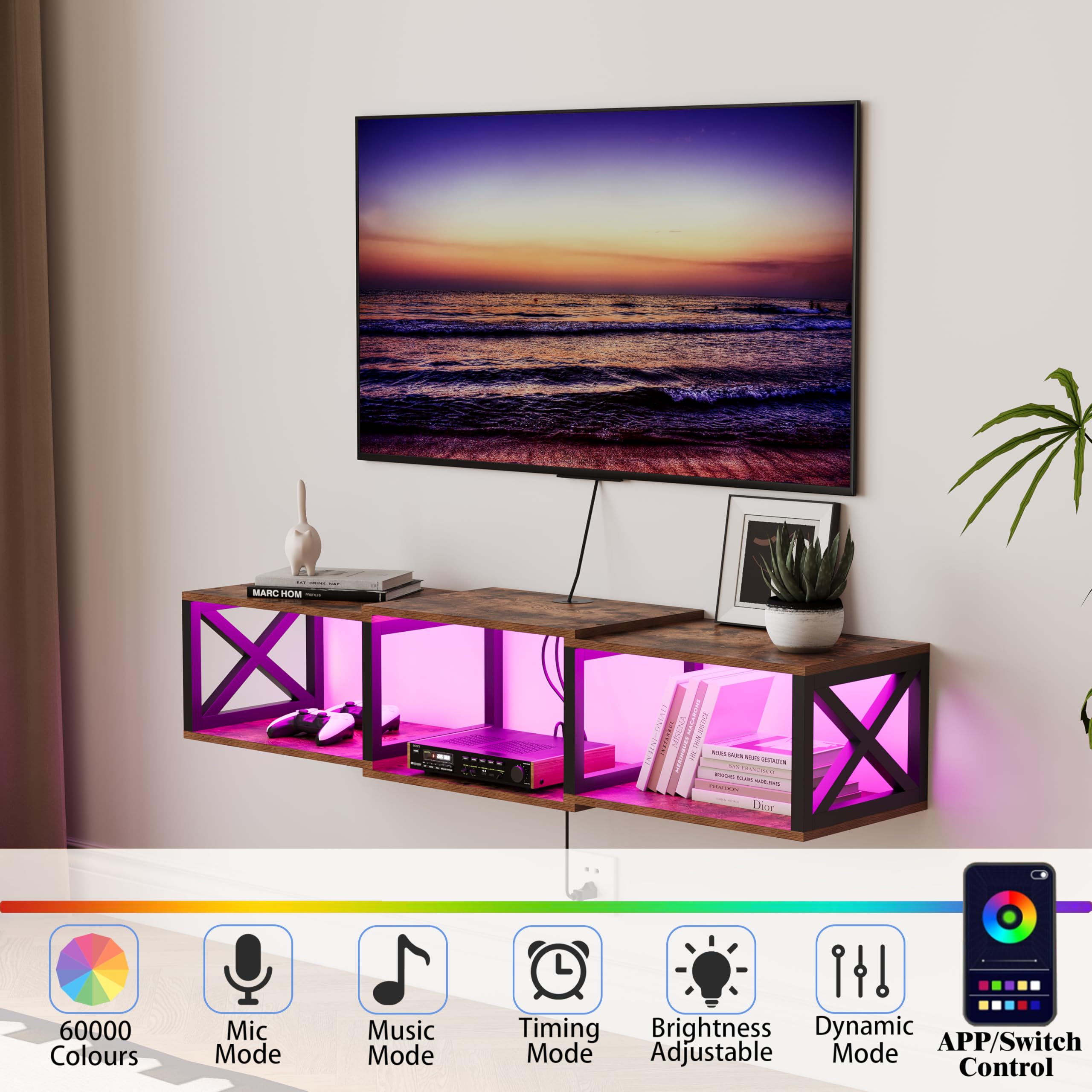 Soporte de TV flotante con tomas de corriente, consola de entretenimiento montada en la pared con luz LED, estante de TV flotante para almacenamiento debajo del televisor (marrón rústico, 46 4