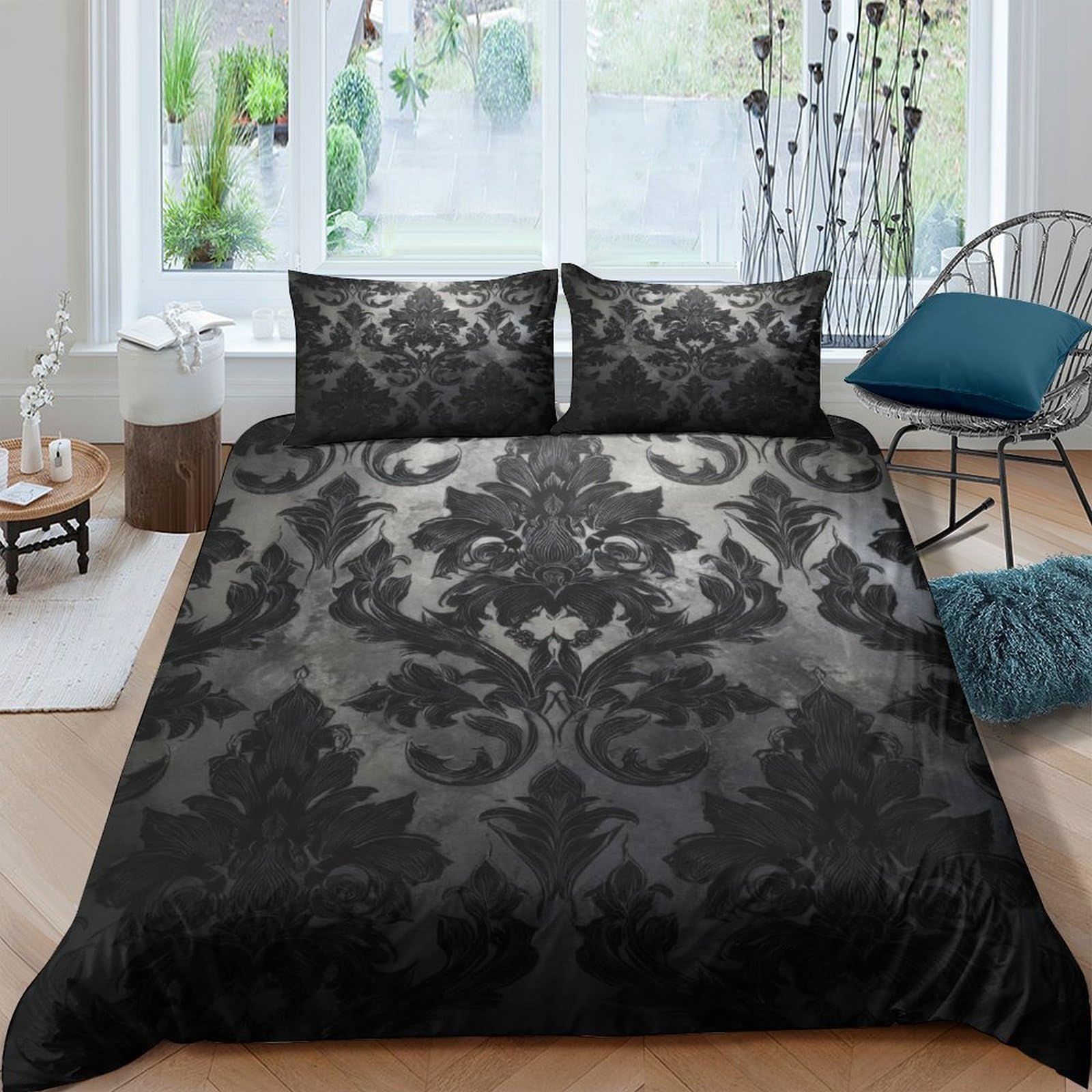 GPLZQXKJNH 3D Printed Baroque Damask Duvet Cover Microfiber Soft Black Grey Gothic Bedding Set with 2 Pillowcases for Bedroom Home Decor Single（135x200cm）