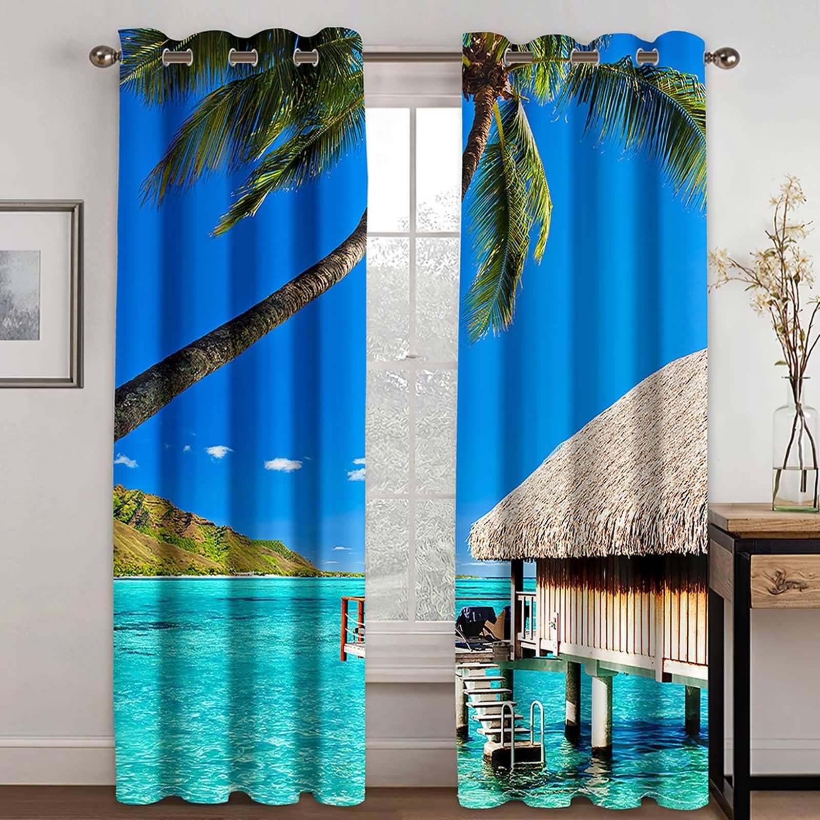 Schlafzimmer Vorhänge mit Schlaufen, 214x214cm Blau Grün Braun Meer und Palmenlandschaft Vorhang für Wohnzimmer