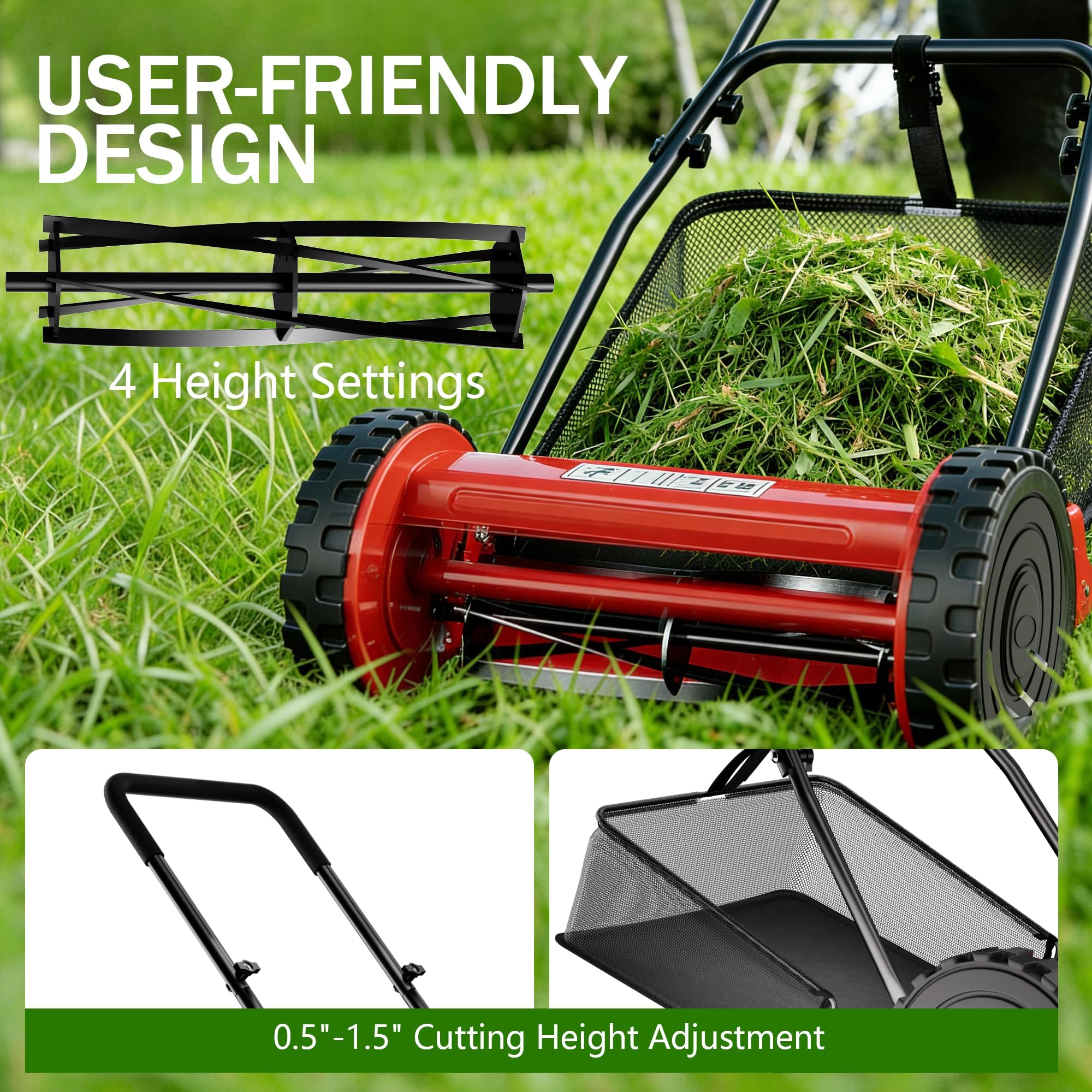 Garvee Cortacésped Manual De Empuje De Acero Al Carbono, 35 cm, Rojo | Con cuchilla de acero al carbono y corte silencioso, sin gasolina ni batería, para jardines pequeños, mide 117 x 49 x 21 cm