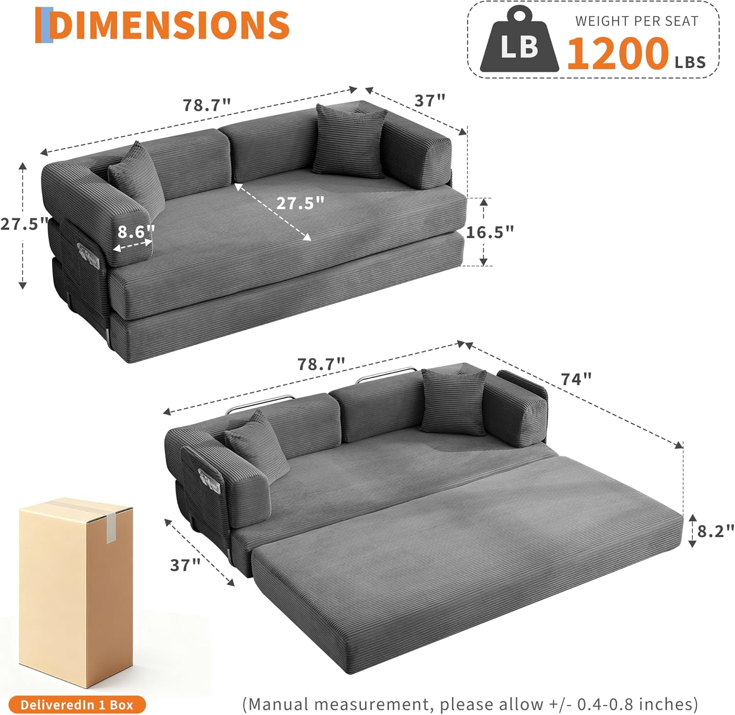 Convertible Sleeper Sofa Bed, 78.8" Floor Sofa Bed, 5-in-1 Folding Mattress Couch Loveseat with Fixed-Shape Frame, Pillow, Corduroy Fabric for Living Room Bedroom Lounge (Gray)