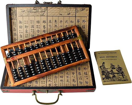 Larcele Ábaco de madera clásico de 13 columnas con caja de cuero vintage, soroban para estudio, decoración del hogar, tratamiento de envejecimiento