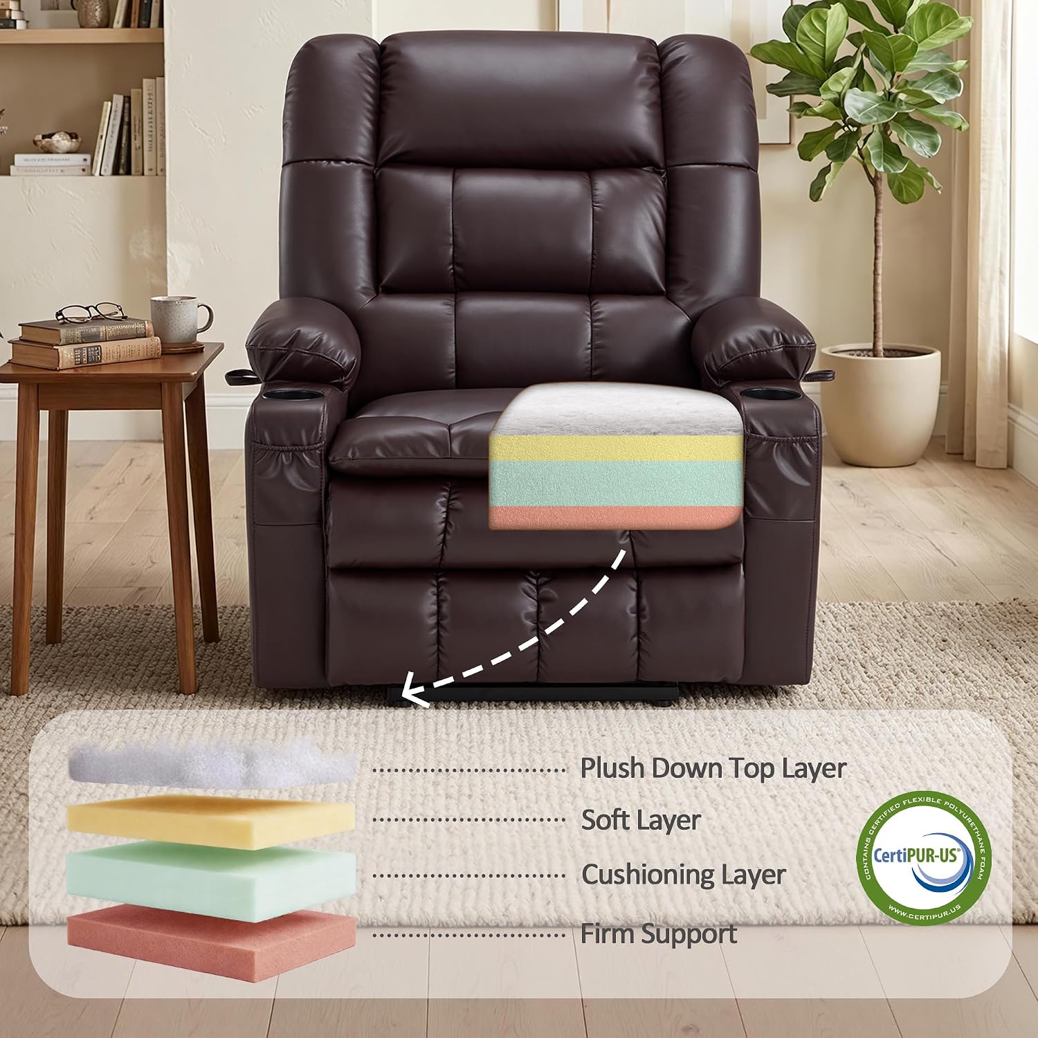MCombo Dual Motor Power Lift Recliner Chair for Elderly, Lay Flat Lift Chair with Heat and Massage, Oversized Lift Recliner for Big and Tall, Faux Leather R7891 (Dark Brown, Oversized)