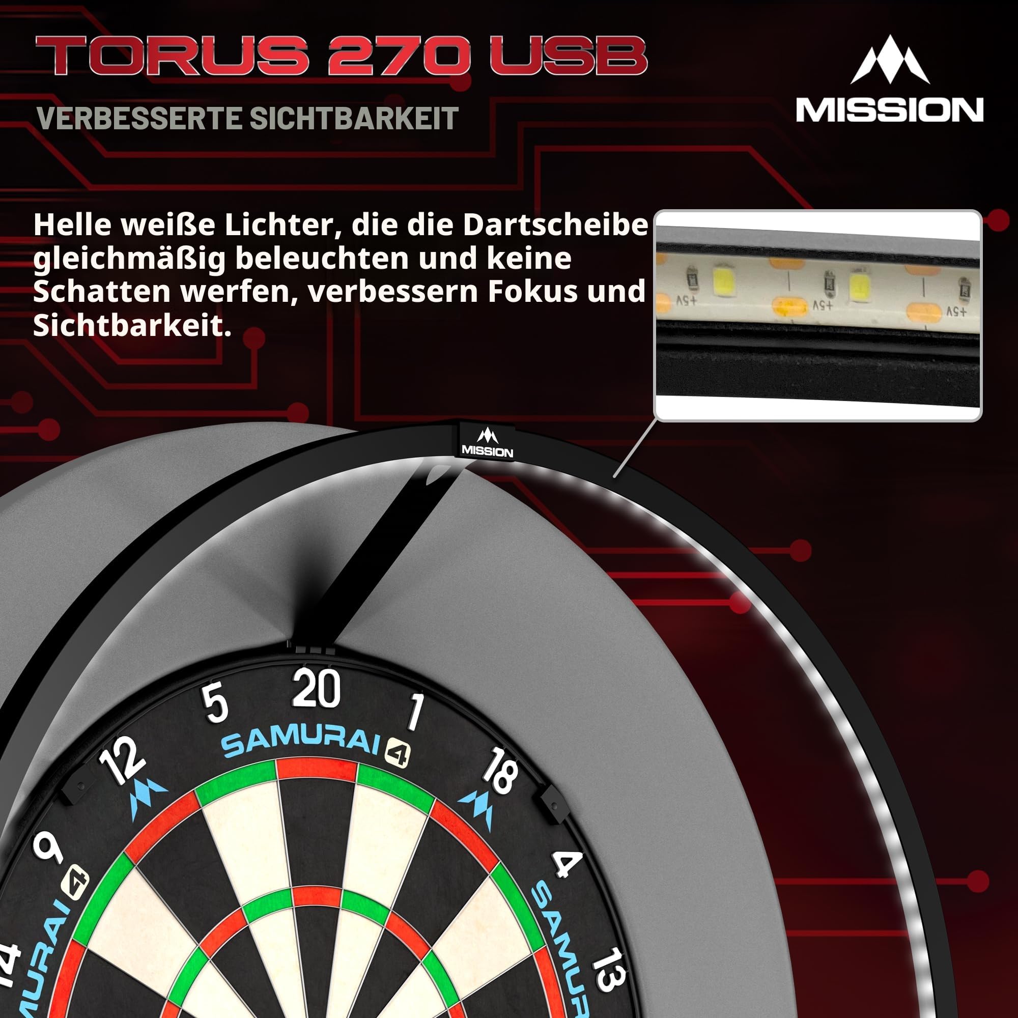 Mission Darts TOR270 Torus 270 | Dartscheibe LED Beleuchtungssystem mit leicht zugänglichem Bereich für uneingeschränktes Spielen, sandgestrahlt schwarz