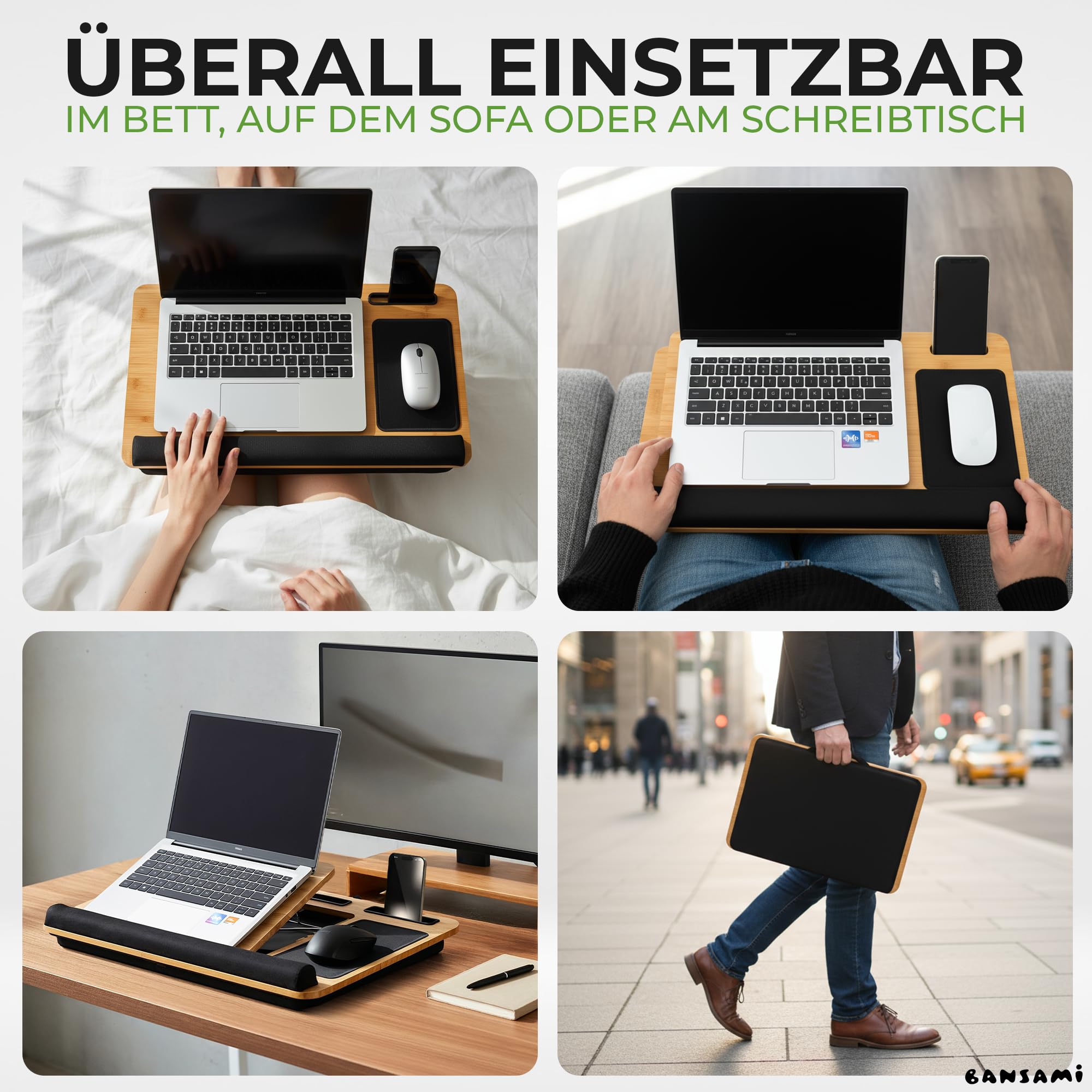 Knietablett Mit Kissen Aus Bambus, Verstellbare Laptop Unterlage Mit Handyhalter Und Mousepad, Laptop Unterlage Schoß Mit Handauflage, Lap Desk Laptopkissen Lapdesk Notebook