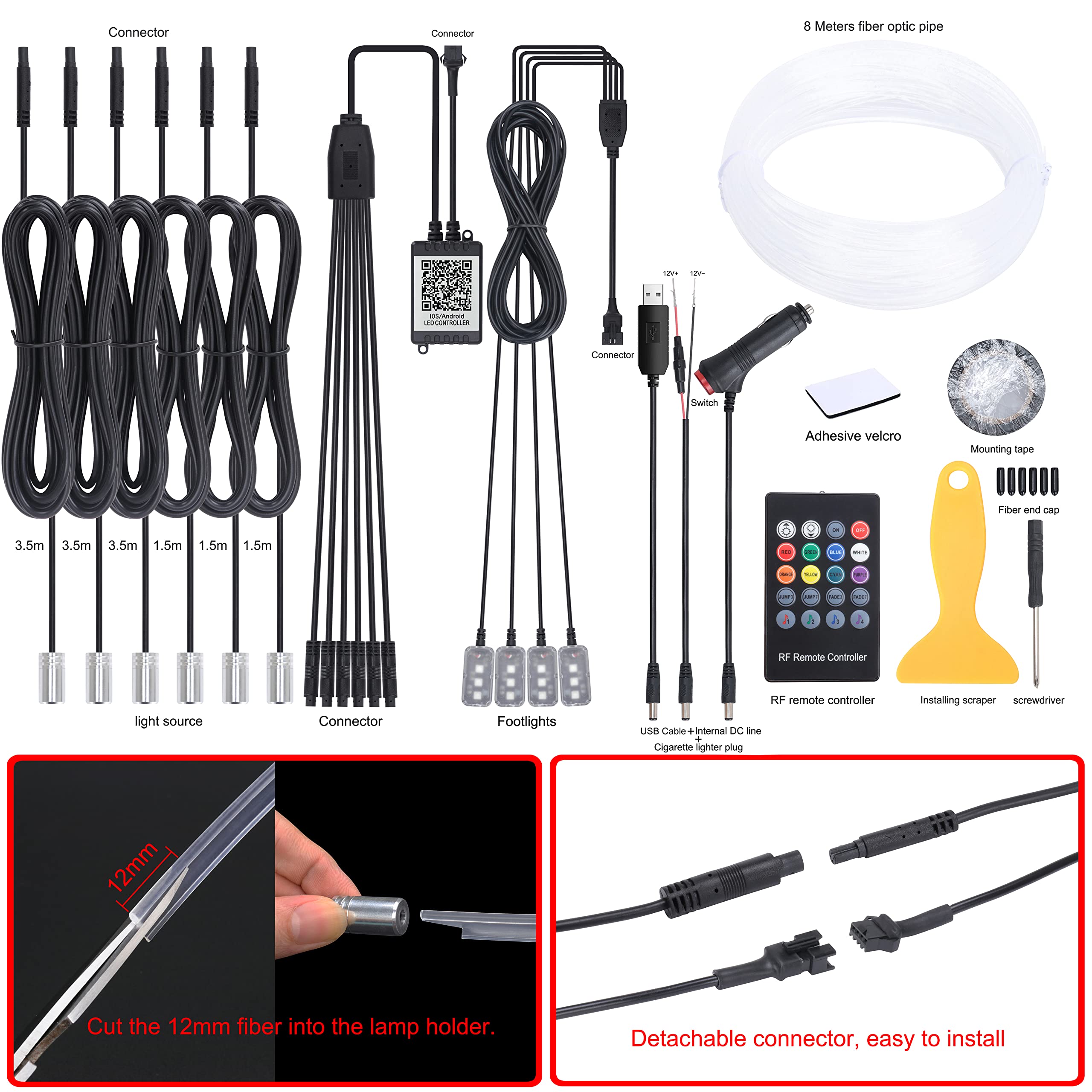 Auto Interno Strip Luces, 6 in 1 Multicolore RGB Auto Footwell Kit di illuminazione ambientale, 8m Fibra ottica EL Neon Tube Luce, Modalità fai da te Sinc musicale Remoto RF + APP DC 12V