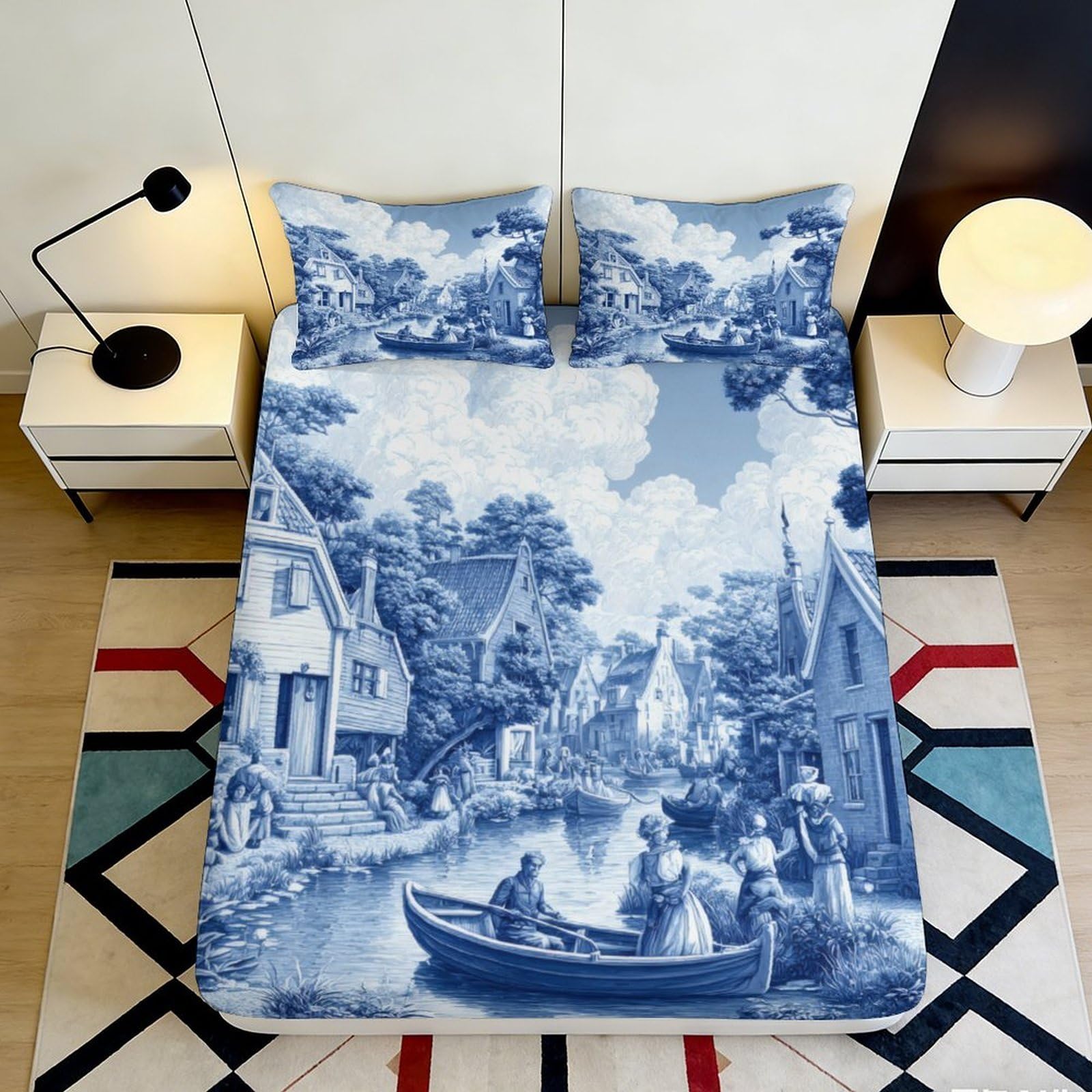 3D Printed Blue Vintage Village Fitted Sheet Microfiber Soft Breathable Canal Scene Mattress Cover Bedroom Decor 180x200x25cm
