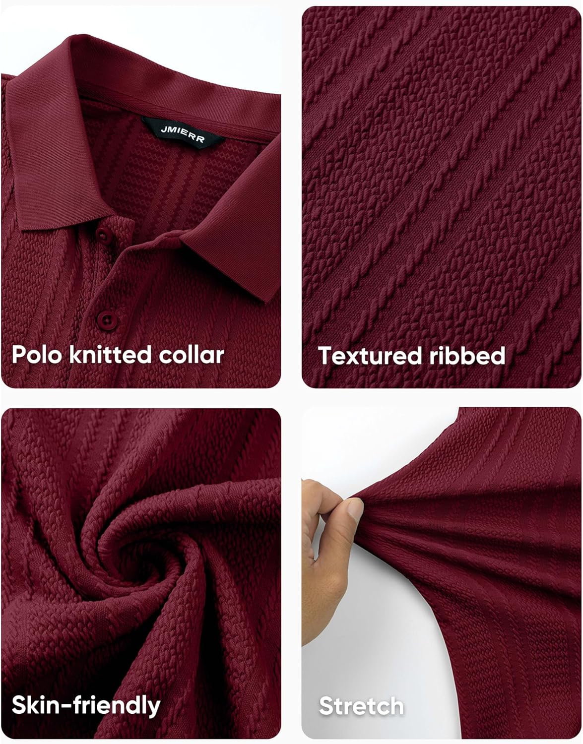 JMIERR Mens Polo Shirt Textured Short Sleeve Summer Button Collar Knitted Golf Polos - Image 7