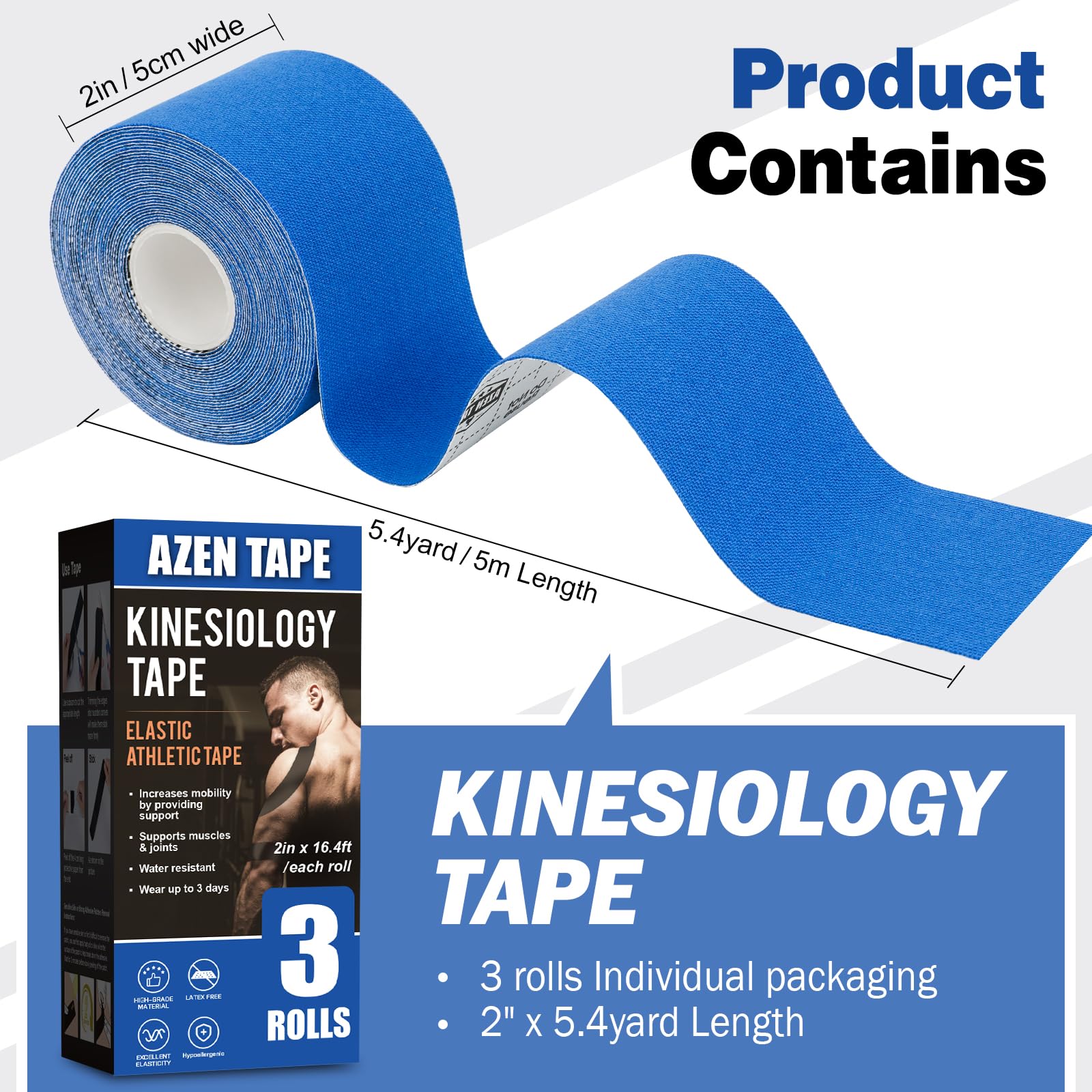 AZEN 3 rollos de cinta de kinesiología, cinta cinética impermeable de 16.4 pies para apoyo de articulaciones y alivio del dolor muscular, cinta de rodilla, cinta muscular sin cortar, cinta atlética,