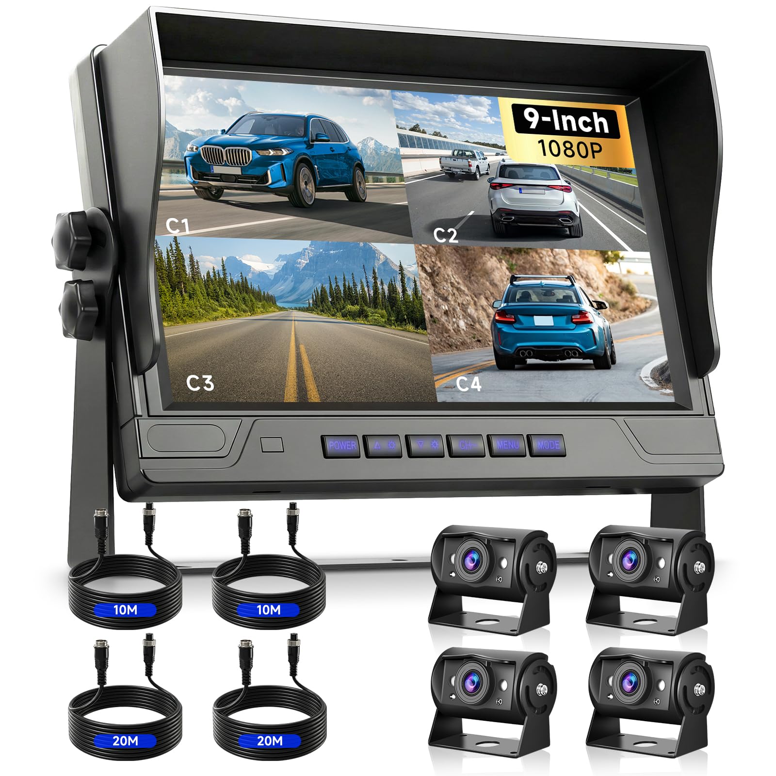 VECHTEL Câble pour caméra de recul 4 avec écran IPS 9 Pouces,Aide au stationnement,caméra de recul 1080p avec 18 LED,Vision Nocturne/étanchéité IP68 pour SUV,Enregistrement vidéo en Boucle,12–24 V