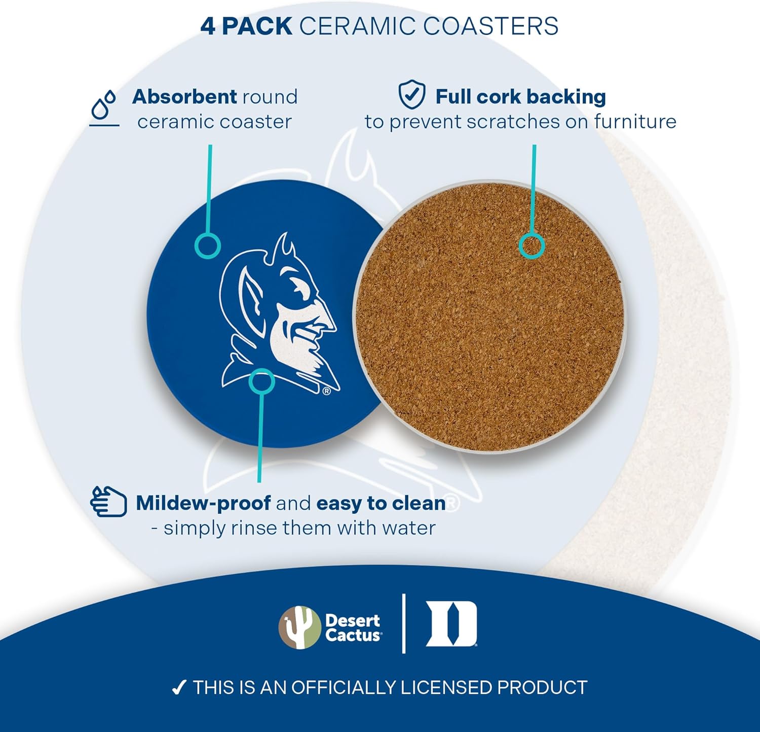 Desert Cactus Duke University Circle Ceramic Coasters 4 Pack Blue Devils Absorbent Drink Coasters with Cork Backing (Design C)